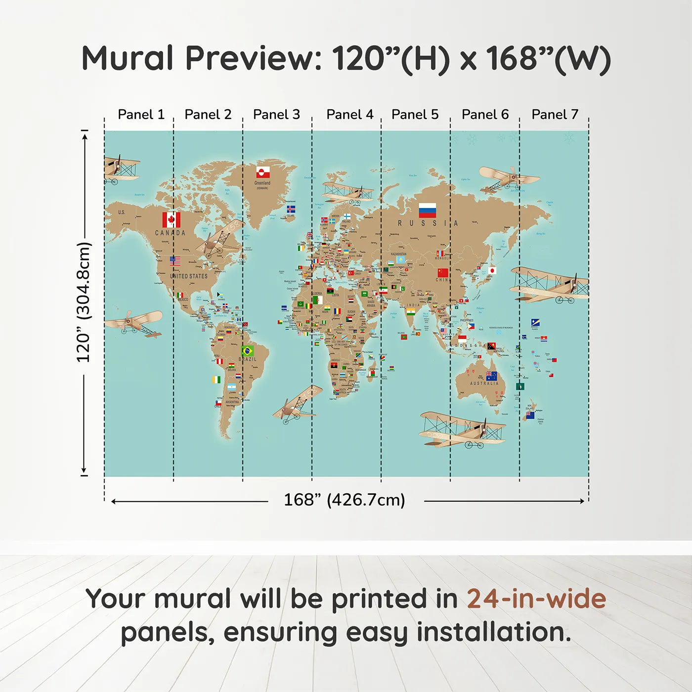 Whimsy Tots Vintage Aviator World Map with Flags Wall Muraldimension view (120" H x 168" W). Printed in seven 24-inch-wide panels. Gender-Neutral