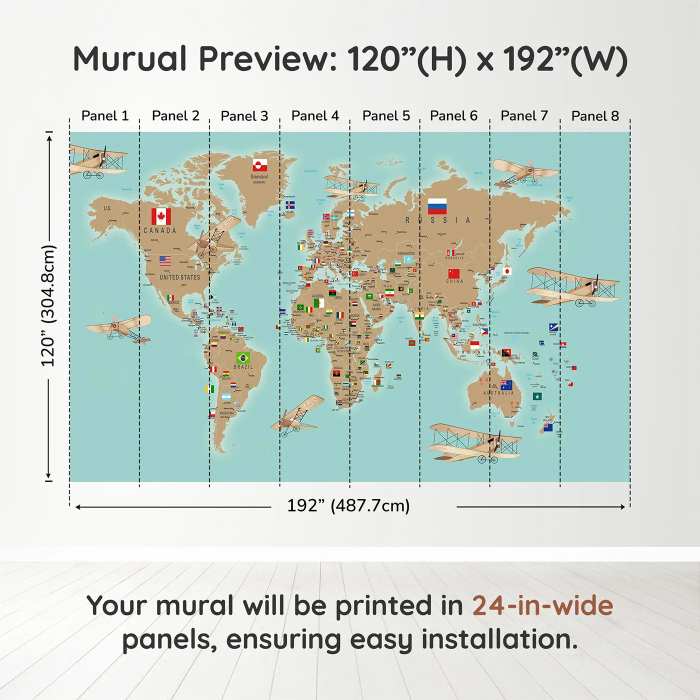 Whimsy Tots Vintage Aviator World Map with Flags Wall Muraldimension view (120" H x 192" W). Printed in eight 24-inch-wide panels. Gender-Neutral