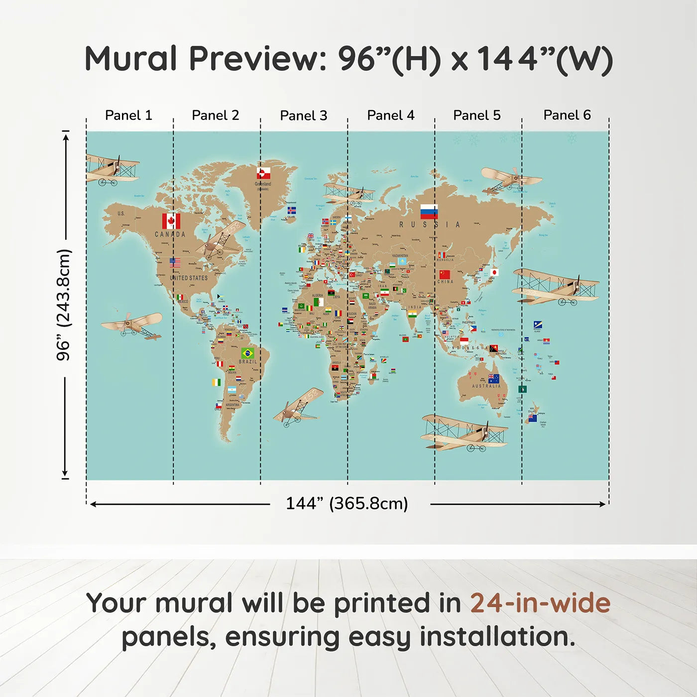 Whimsy Tots Vintage Aviator World Map with Flags Wall Muraldimension view (96" H x 144" W). Printed in six 24-inch-wide panels. Gender-Neutral