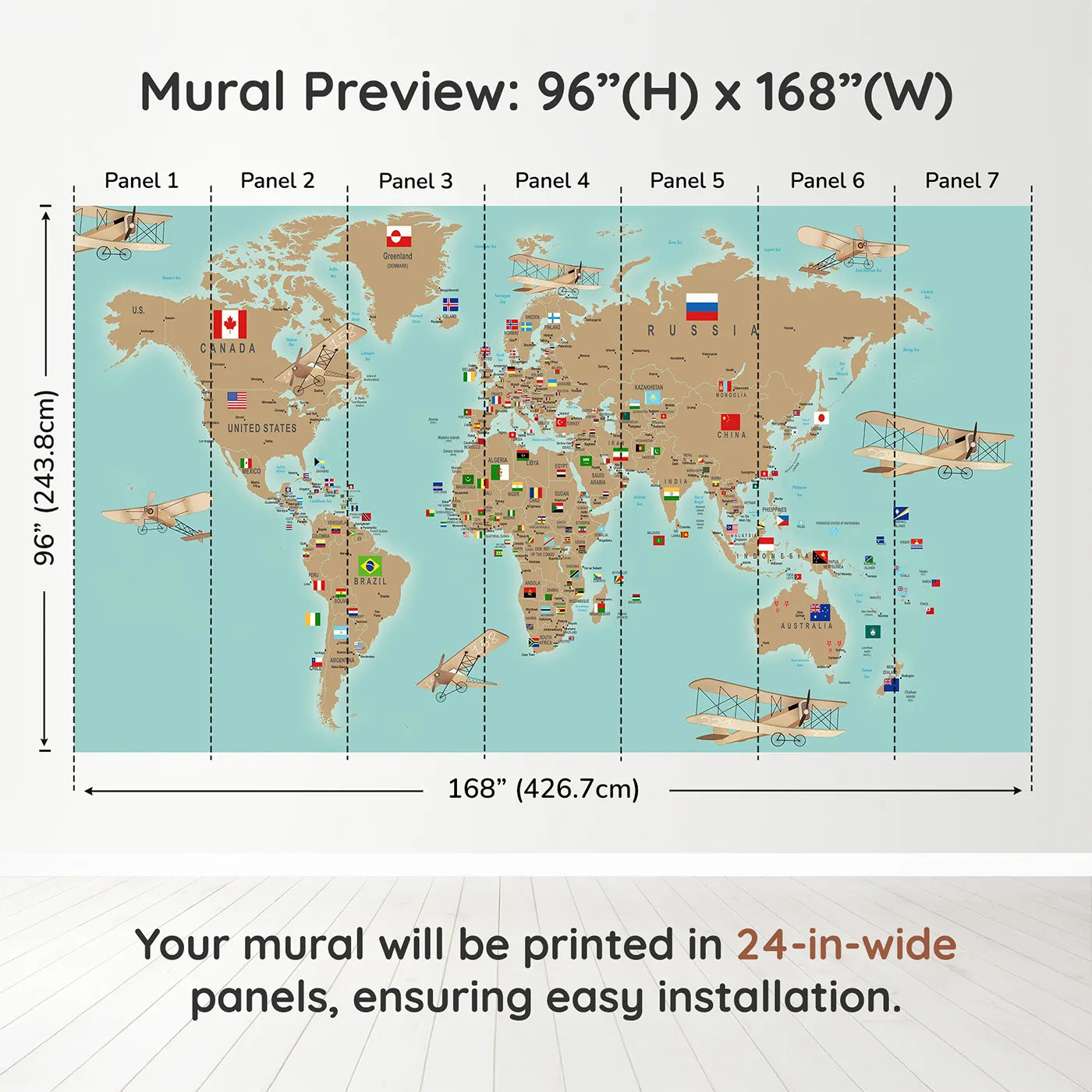 Whimsy Tots Vintage Aviator World Map with Flags Wall Muraldimension view (96" H x 168" W). Printed in seven 24-inch-wide panels. Gender-Neutral