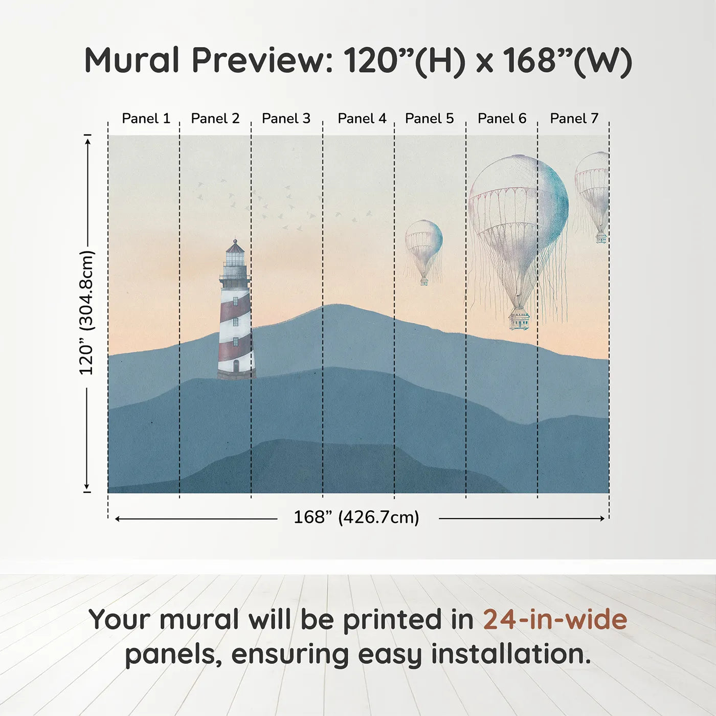 Whimsy Tots Coastal Balloons Wall Muraldimension view (120" H x 168" W). Printed in seven 24-inch-wide panels. Gender-Neutral