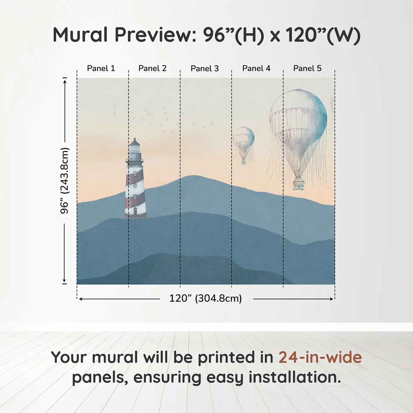 Whimsy Tots Coastal Balloons Wall Muraldimension view (96" H x 120" W). Printed in five 24-inch-wide panels. Gender-Neutral