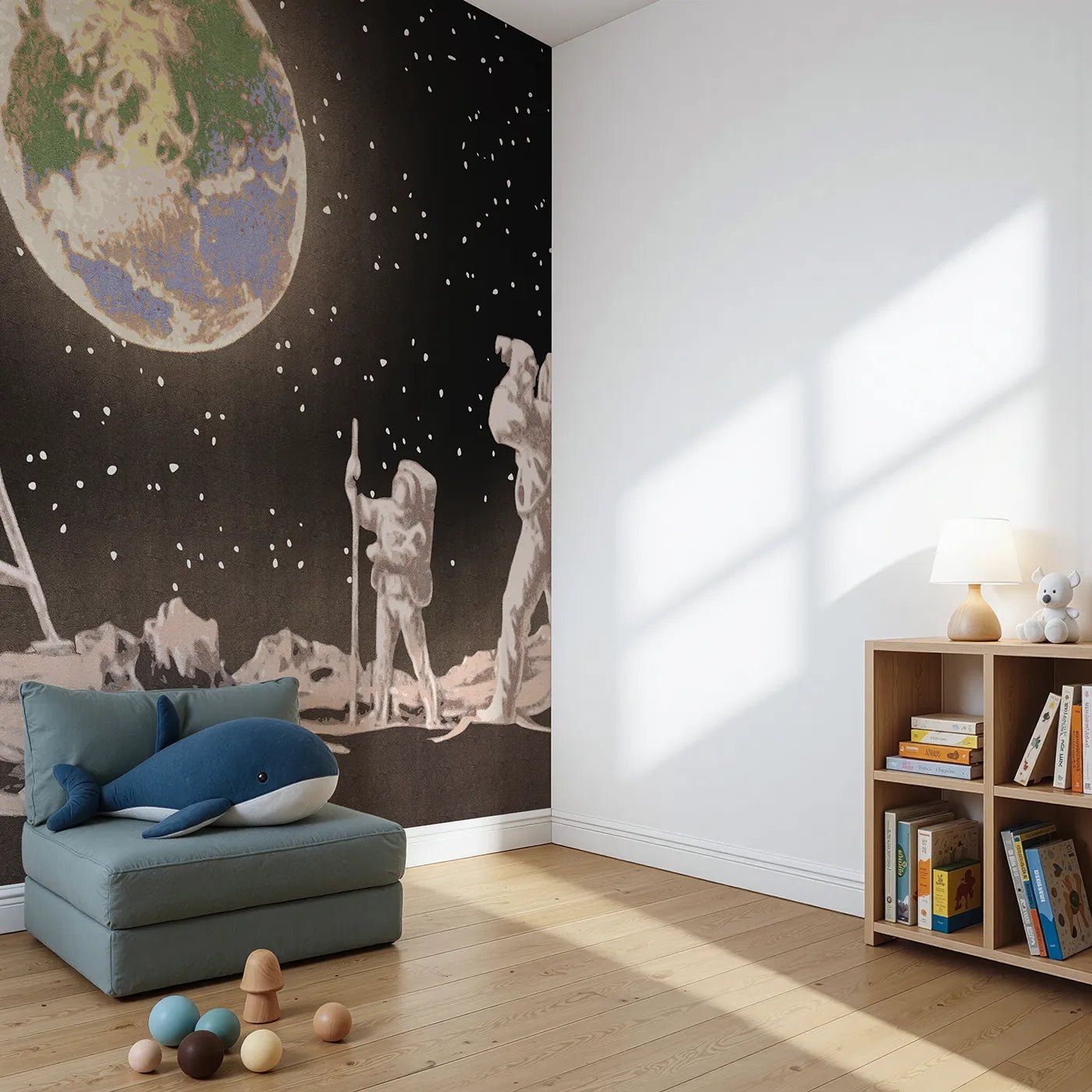 Angled view of Whimsy Tots' First Steps on the Moon Wall Mural (Turn Their Room into an Epic, Historic Adventure).Gender-Neutral