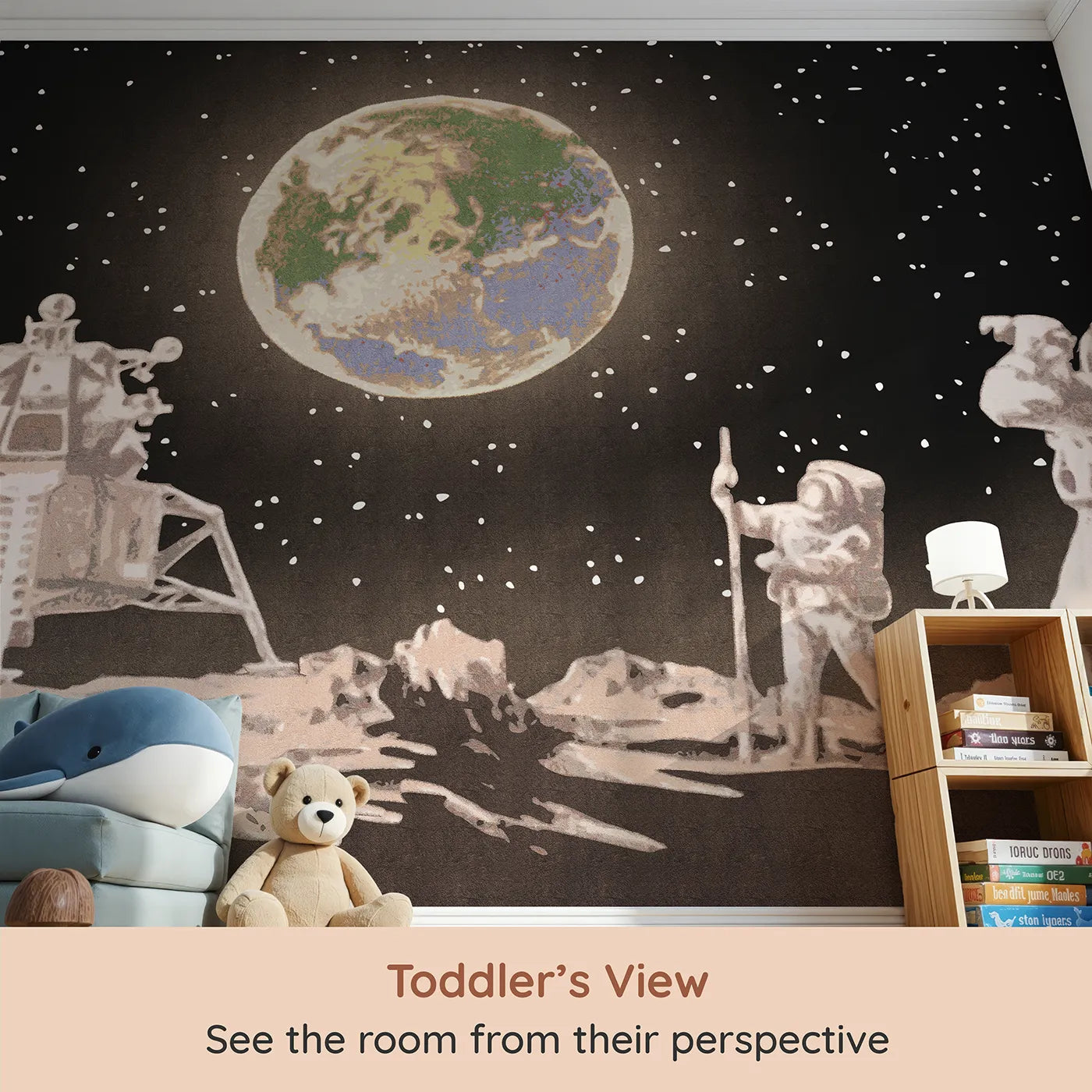 Whimsy Tots First Steps on the Moon Wall Mural (Turn Their Room into an Epic, Historic Adventure) from your child's view.Gender-Neutral