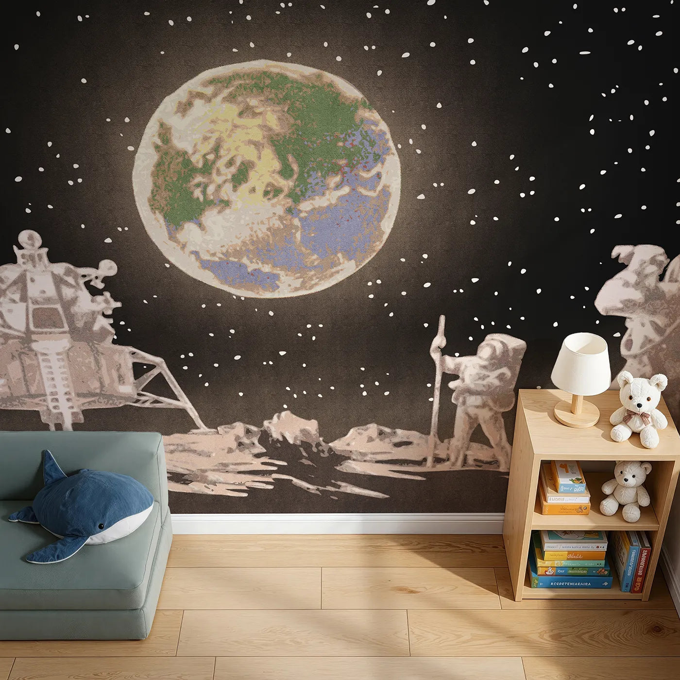 Top-down view of Whimsy Tots' First Steps on the Moon Wall Mural (Turn Their Room into an Epic, Historic Adventure).Gender-Neutral