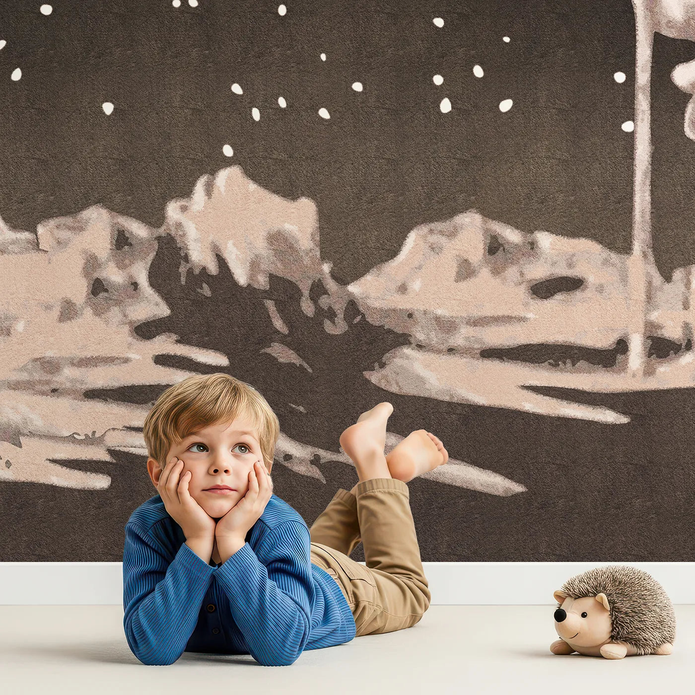 Child in front of Whimsy Tots First Steps on the Moon Wall Mural with moon, space, astronaut, earth, landing, vintage, retro, science in design.