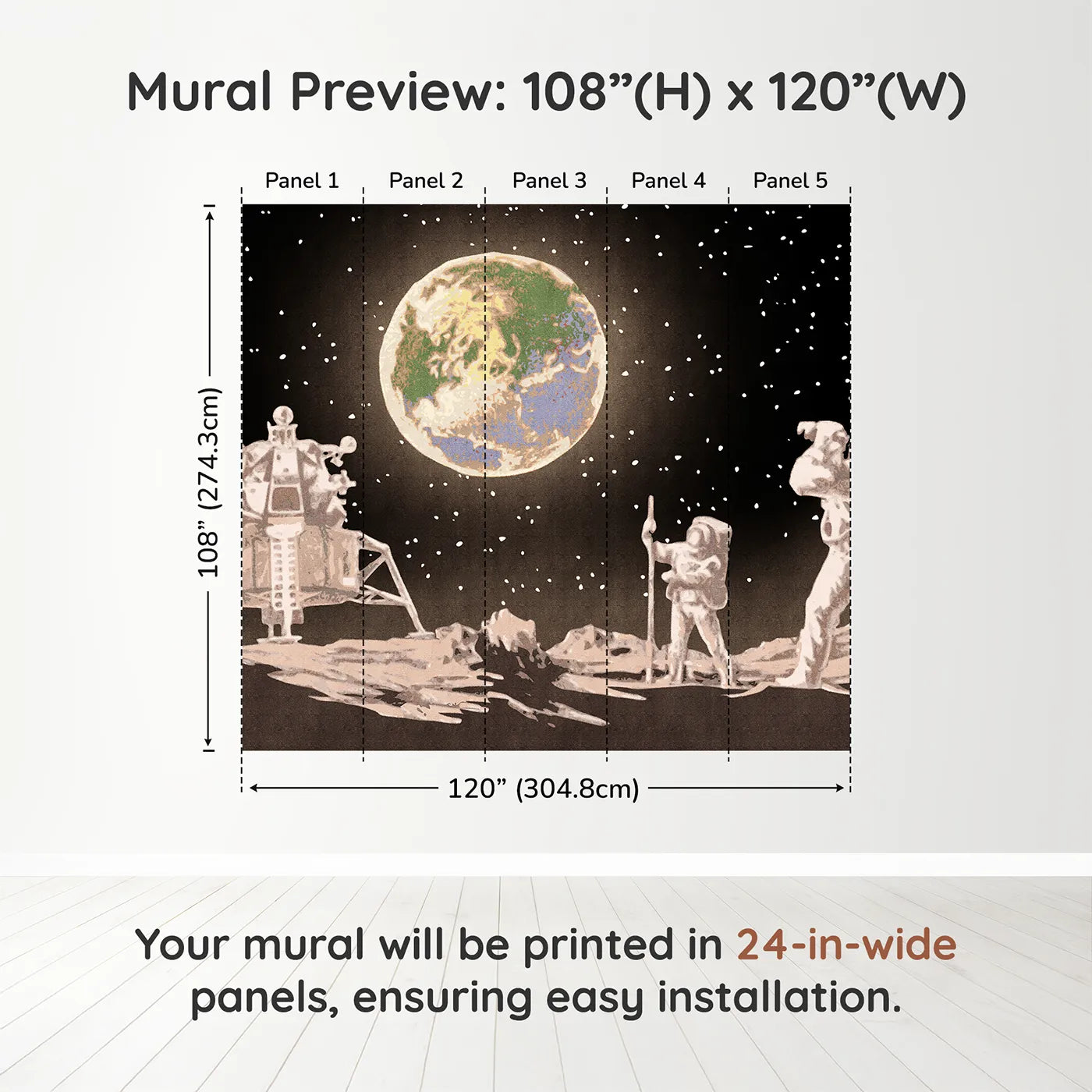 Whimsy Tots First Steps on the Moon Wall Muraldimension view (108" H x 120" W). Printed in five 24-inch-wide panels. Gender-Neutral