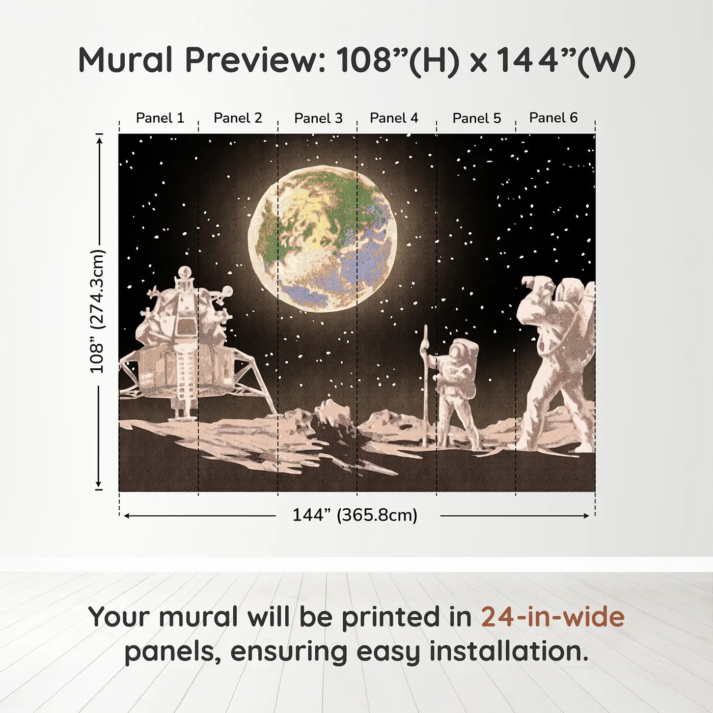 Whimsy Tots First Steps on the Moon Wall Muraldimension view (108" H x 144" W). Printed in six 24-inch-wide panels. Gender-Neutral