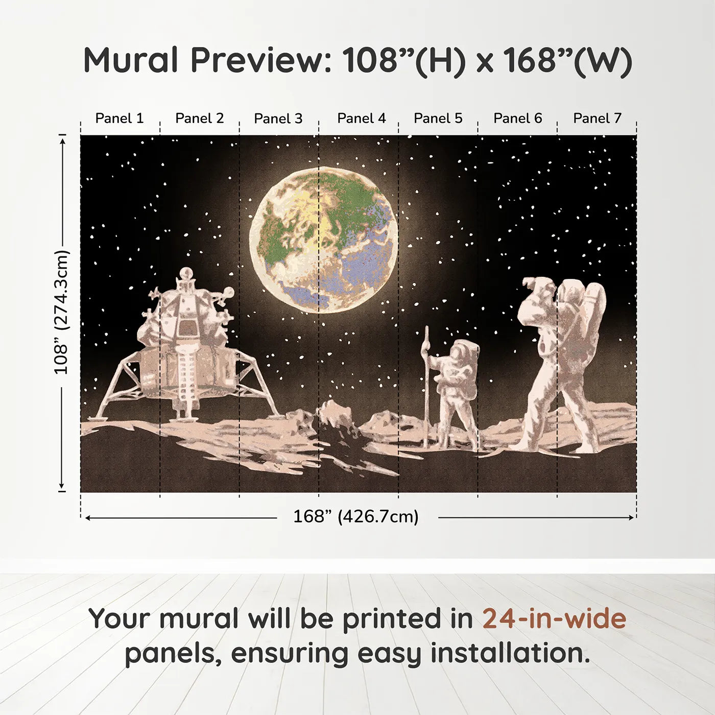 Whimsy Tots First Steps on the Moon Wall Muraldimension view (108" H x 168" W). Printed in seven 24-inch-wide panels. Gender-Neutral