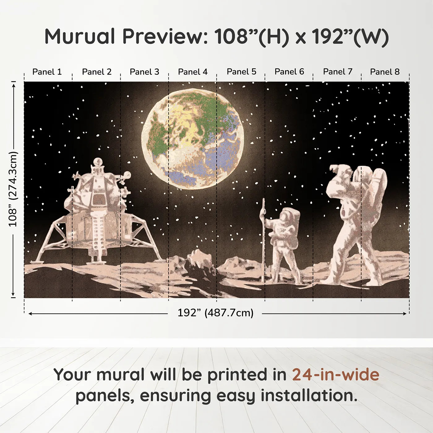 Whimsy Tots First Steps on the Moon Wall Muraldimension view (108" H x 192" W). Printed in eight 24-inch-wide panels. Gender-Neutral