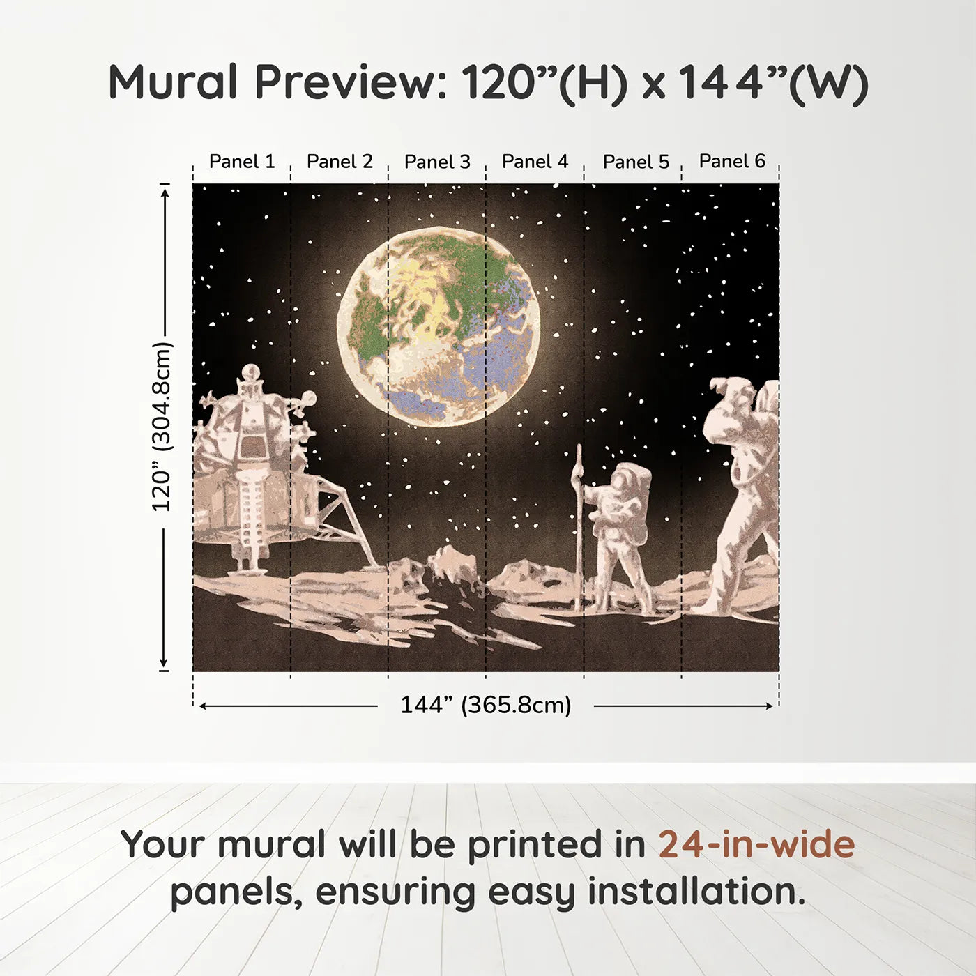 Whimsy Tots First Steps on the Moon Wall Muraldimension view (120" H x 144" W). Printed in six 24-inch-wide panels. Gender-Neutral