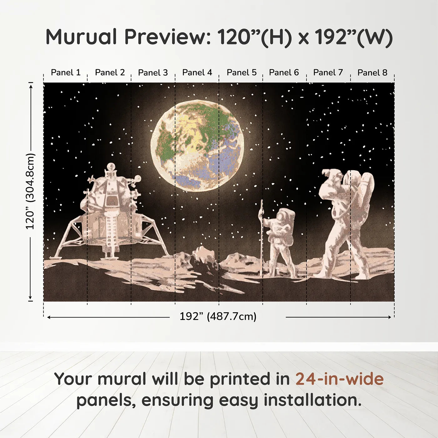 Whimsy Tots First Steps on the Moon Wall Muraldimension view (120" H x 192" W). Printed in eight 24-inch-wide panels. Gender-Neutral