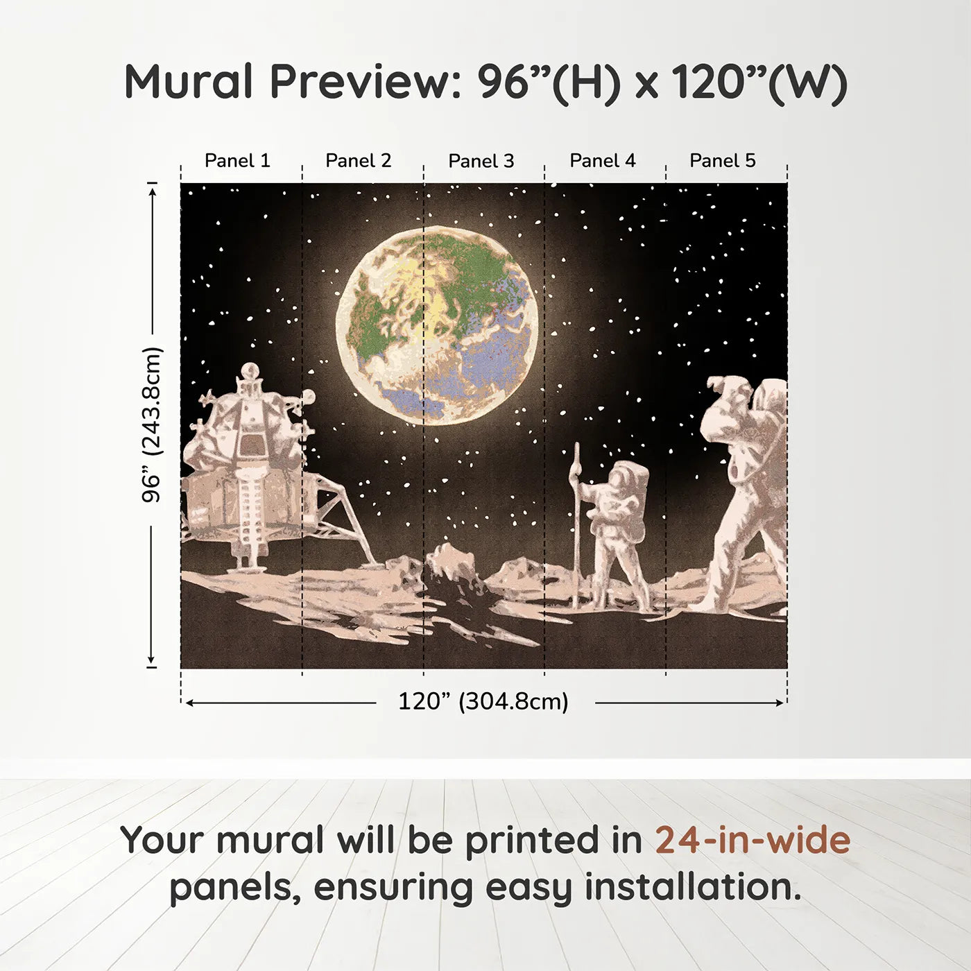 Whimsy Tots First Steps on the Moon Wall Muraldimension view (96" H x 120" W). Printed in five 24-inch-wide panels. Gender-Neutral