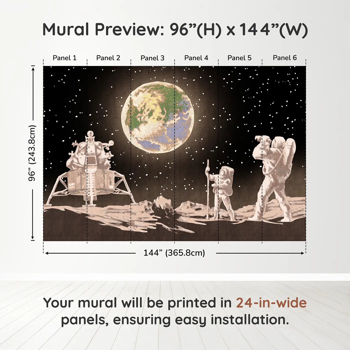 Whimsy Tots First Steps on the Moon Wall Muraldimension view (96" H x 144" W). Printed in six 24-inch-wide panels. Gender-Neutral