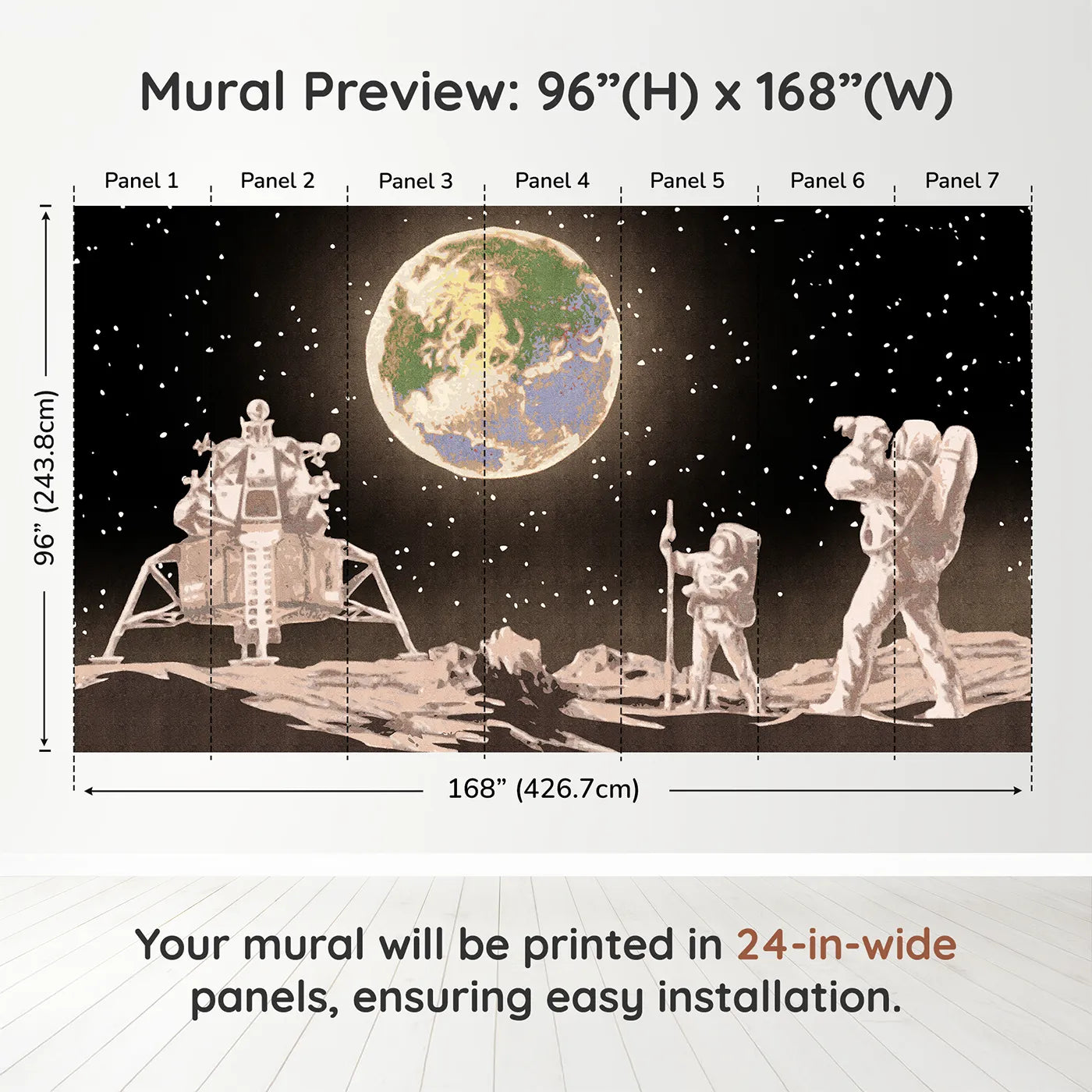 Whimsy Tots First Steps on the Moon Wall Muraldimension view (96" H x 168" W). Printed in seven 24-inch-wide panels. Gender-Neutral