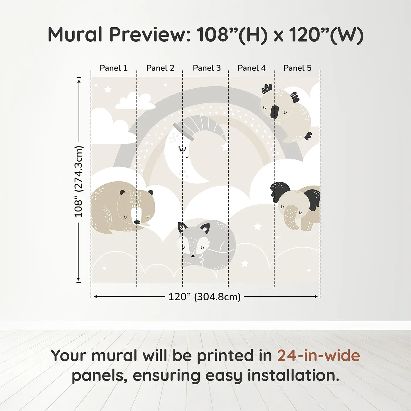 Whimsy Tots Sleepy Friends Wall Muraldimension view (108" H x 120" W). Printed in five 24-inch-wide panels. Gender-Neutral