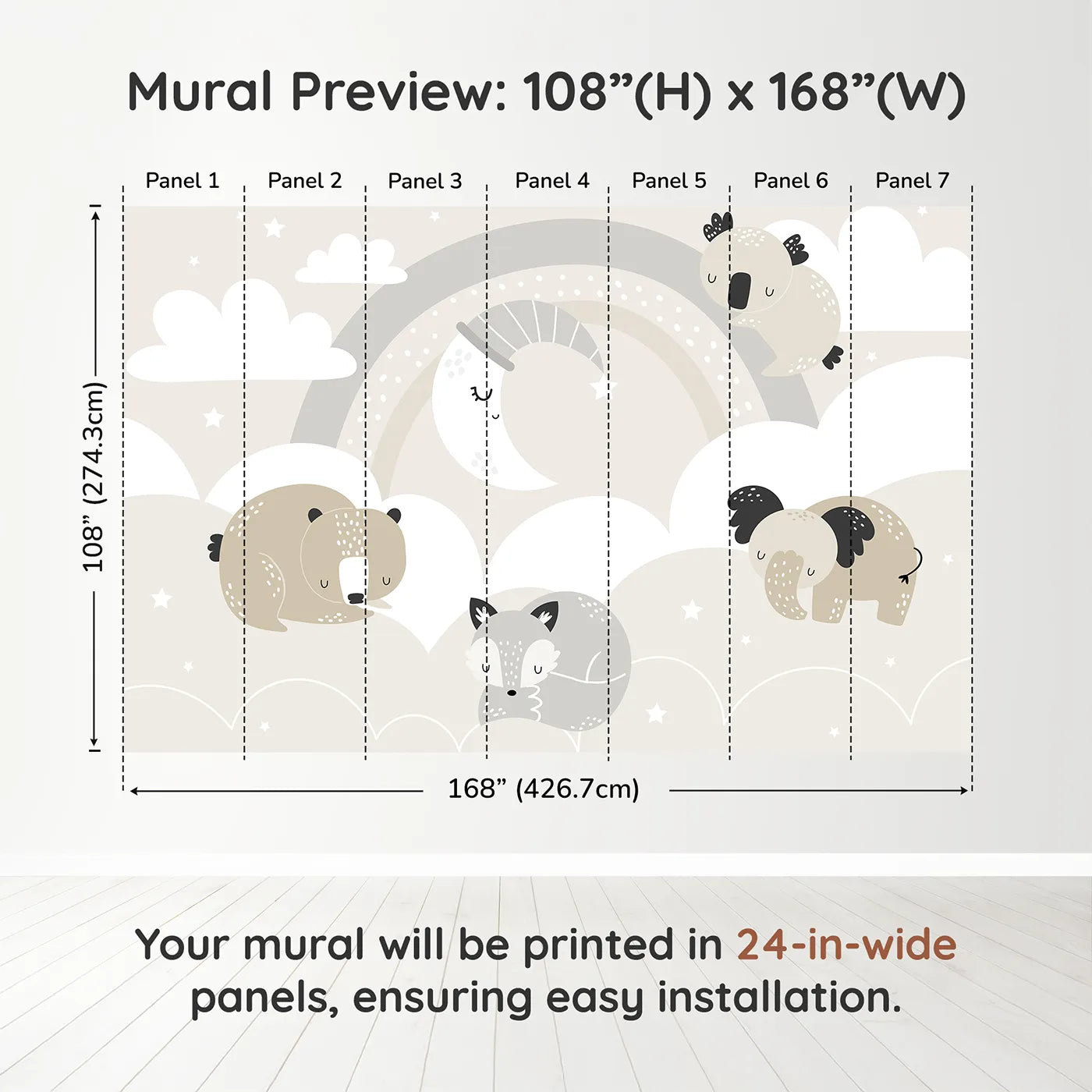 Whimsy Tots Sleepy Friends Wall Muraldimension view (108" H x 168" W). Printed in seven 24-inch-wide panels. Gender-Neutral