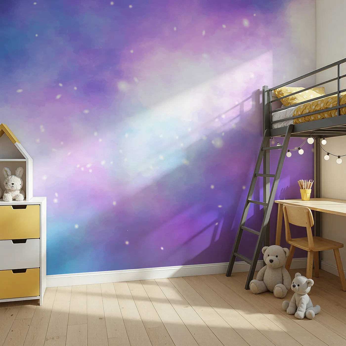 Angled view of Whimsy Tots' Purple Galaxy Cloud Wall Mural (Turn Their Room into a Dreamy, Sparkling Cosmos).Gender-Neutral