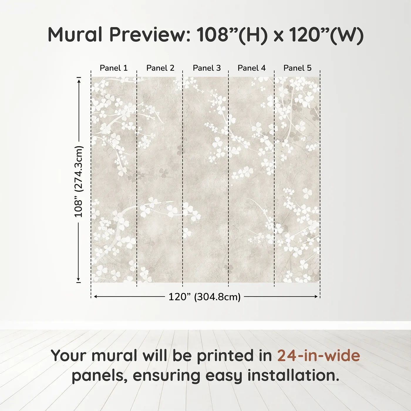 Whimsy Tots Beige Blossom Wall Muraldimension view (108" H x 120" W). Printed in five 24-inch-wide panels. Gender-Neutral