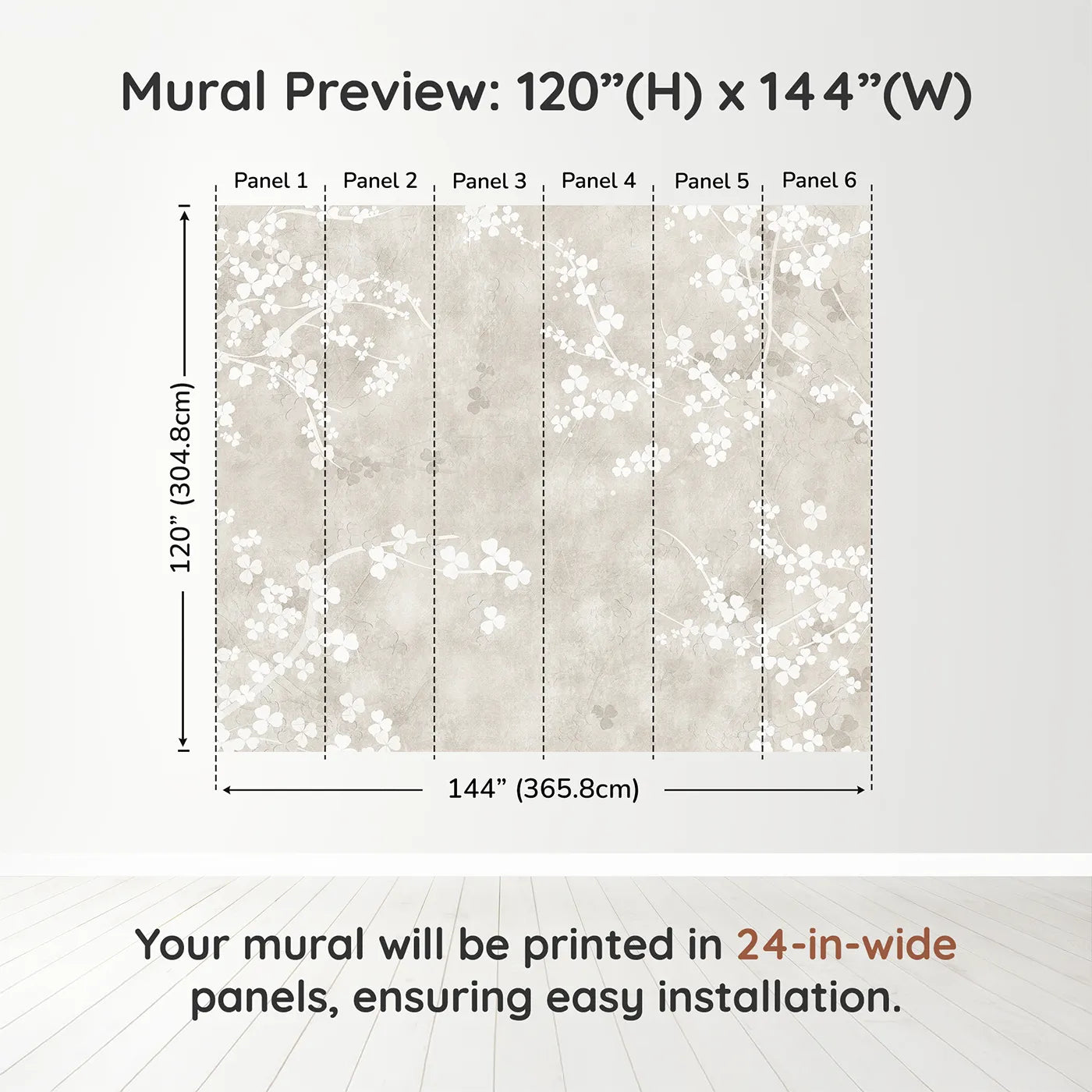 Whimsy Tots Beige Blossom Wall Muraldimension view (120" H x 144" W). Printed in six 24-inch-wide panels. Gender-Neutral