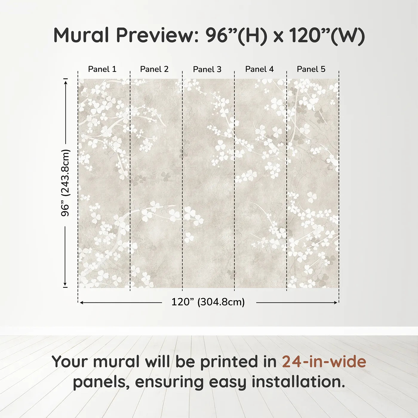 Whimsy Tots Beige Blossom Wall Muraldimension view (96" H x 120" W). Printed in five 24-inch-wide panels. Gender-Neutral
