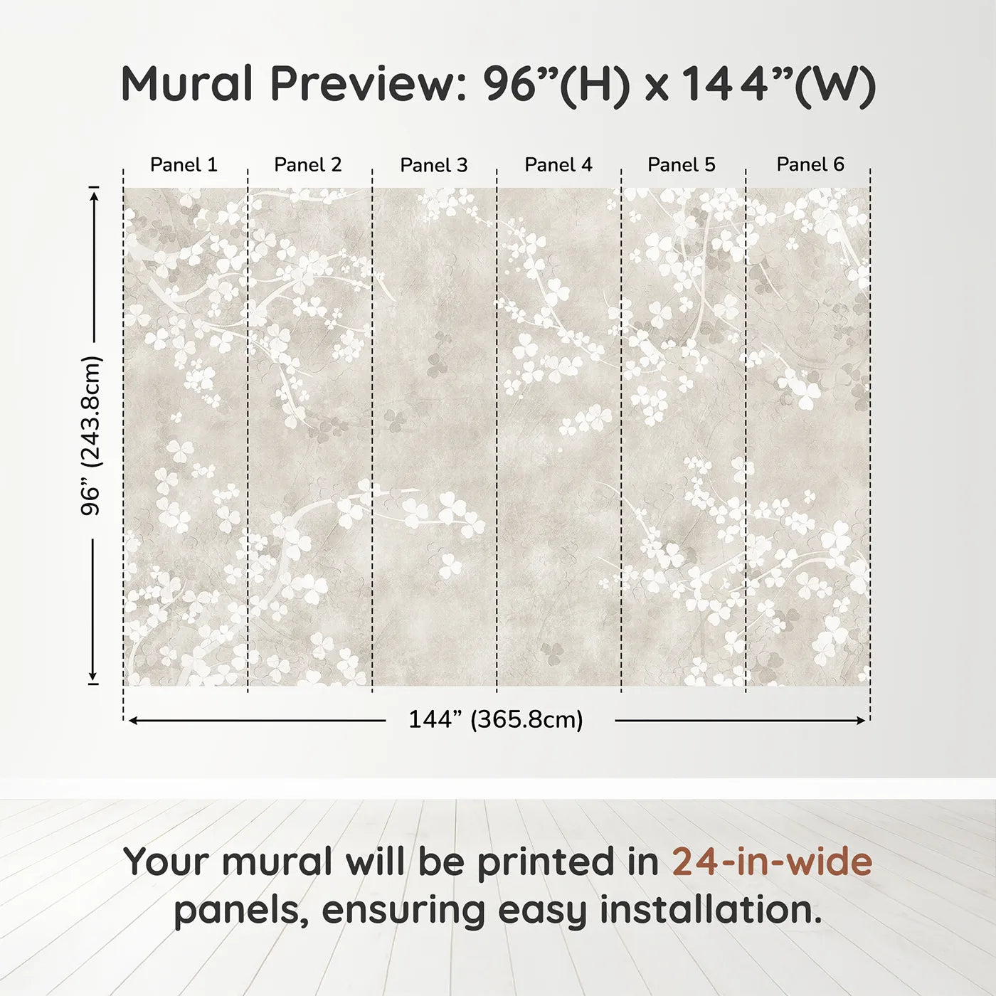 Whimsy Tots Beige Blossom Wall Muraldimension view (96" H x 144" W). Printed in six 24-inch-wide panels. Gender-Neutral