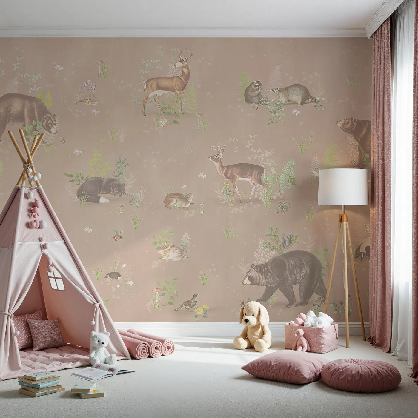 Front view of Whimsy Tots' Classic Woodland Friends Wall Mural