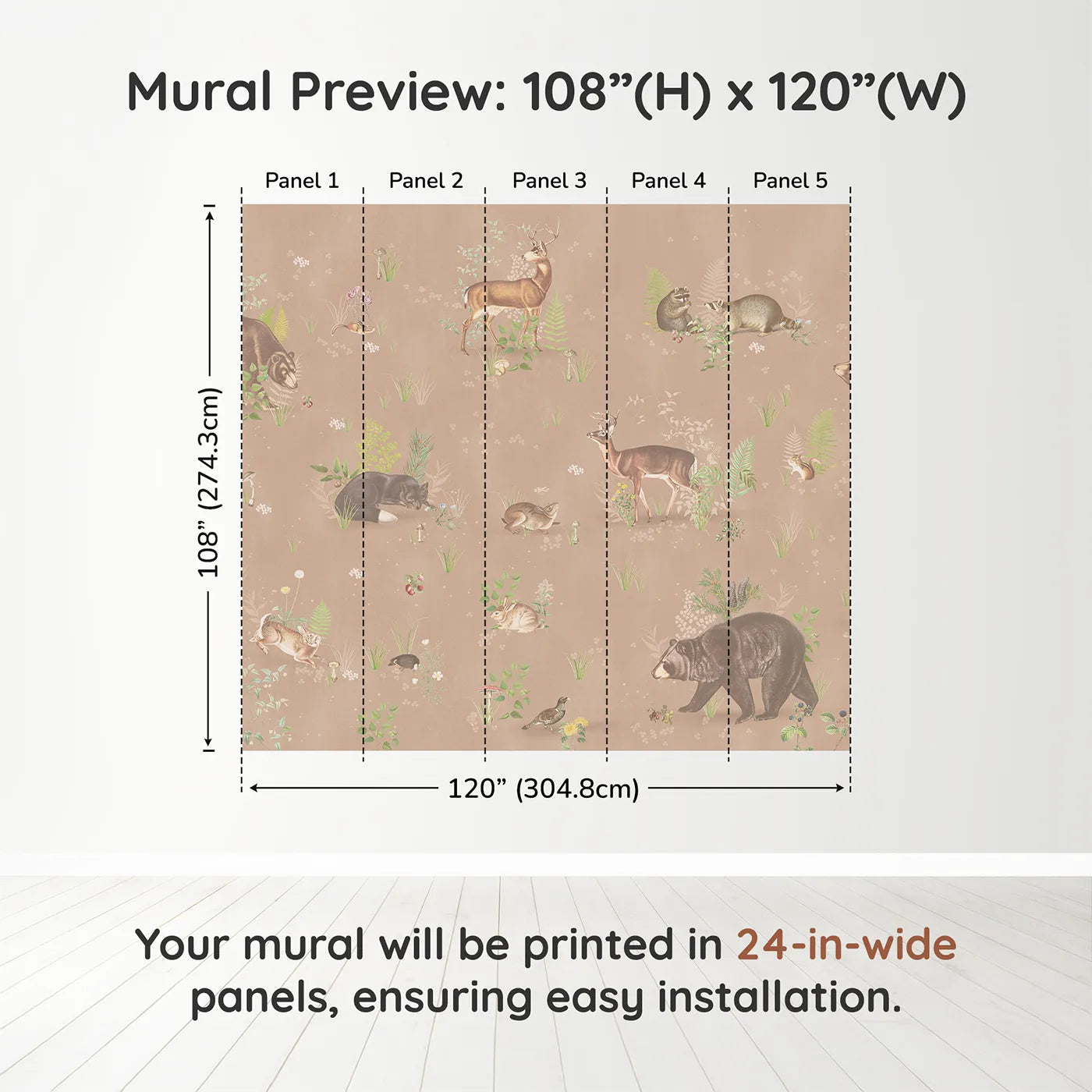 Whimsy Tots Classic Woodland Friends Wall Muraldimension view (108" H x 120" W). Printed in five 24-inch-wide panels. Gender-Neutral