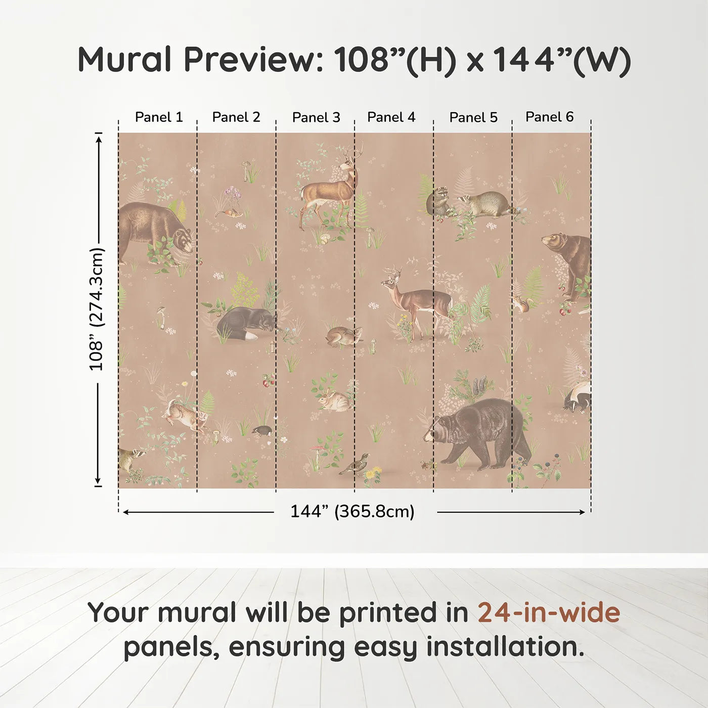Whimsy Tots Classic Woodland Friends Wall Muraldimension view (108" H x 144" W). Printed in six 24-inch-wide panels. Gender-Neutral