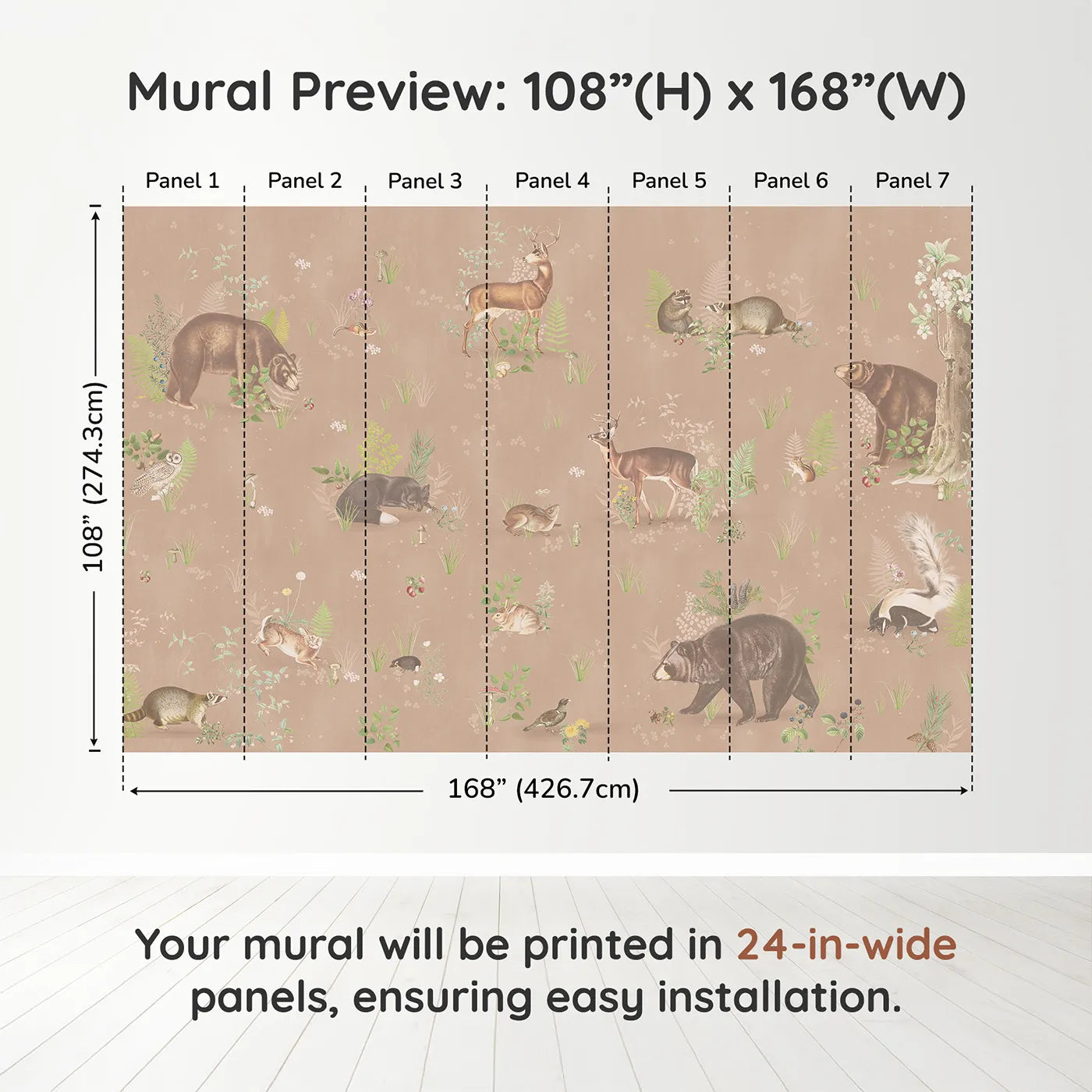 Whimsy Tots Classic Woodland Friends Wall Muraldimension view (108" H x 168" W). Printed in seven 24-inch-wide panels. Gender-Neutral