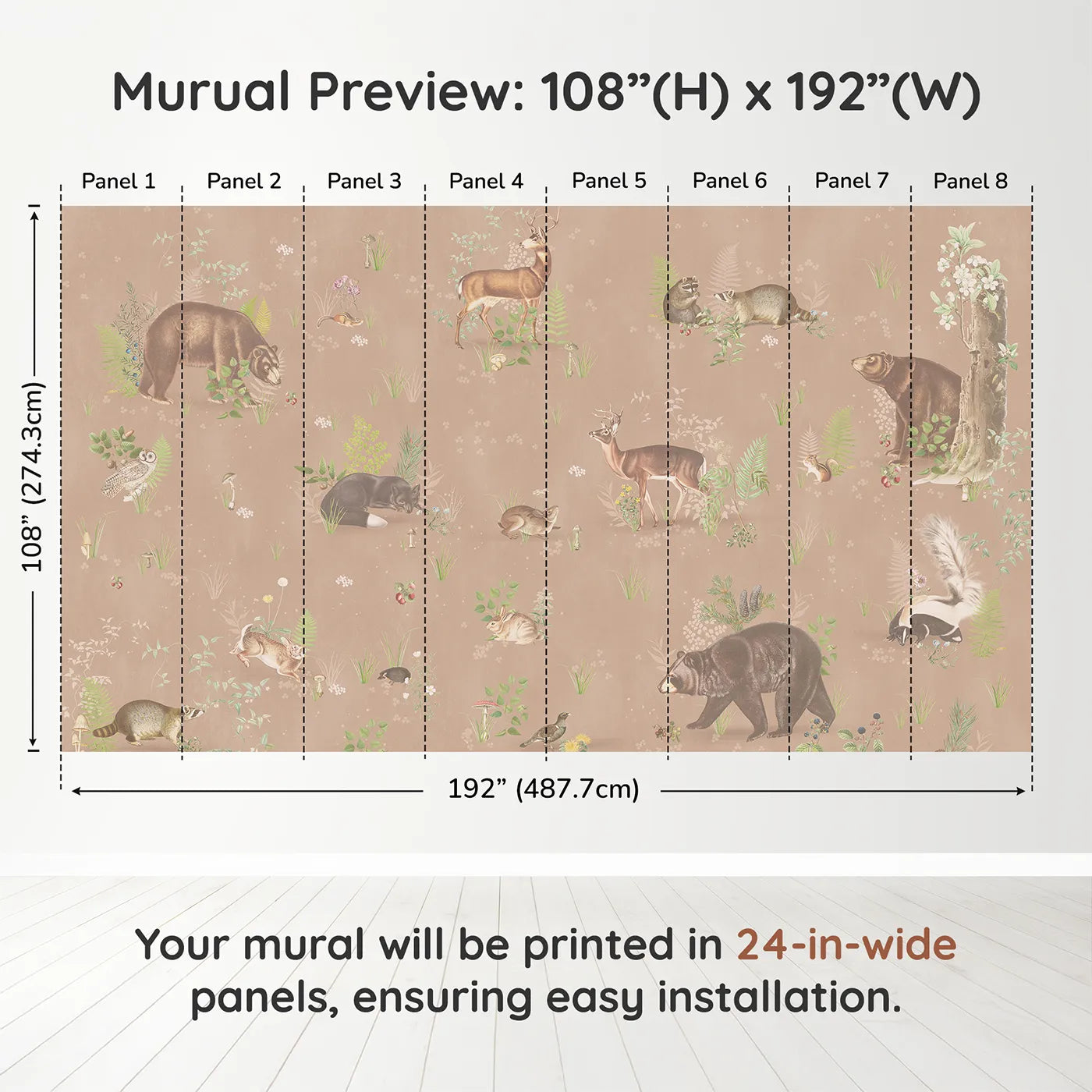Whimsy Tots Classic Woodland Friends Wall Muraldimension view (108" H x 192" W). Printed in eight 24-inch-wide panels. Gender-Neutral