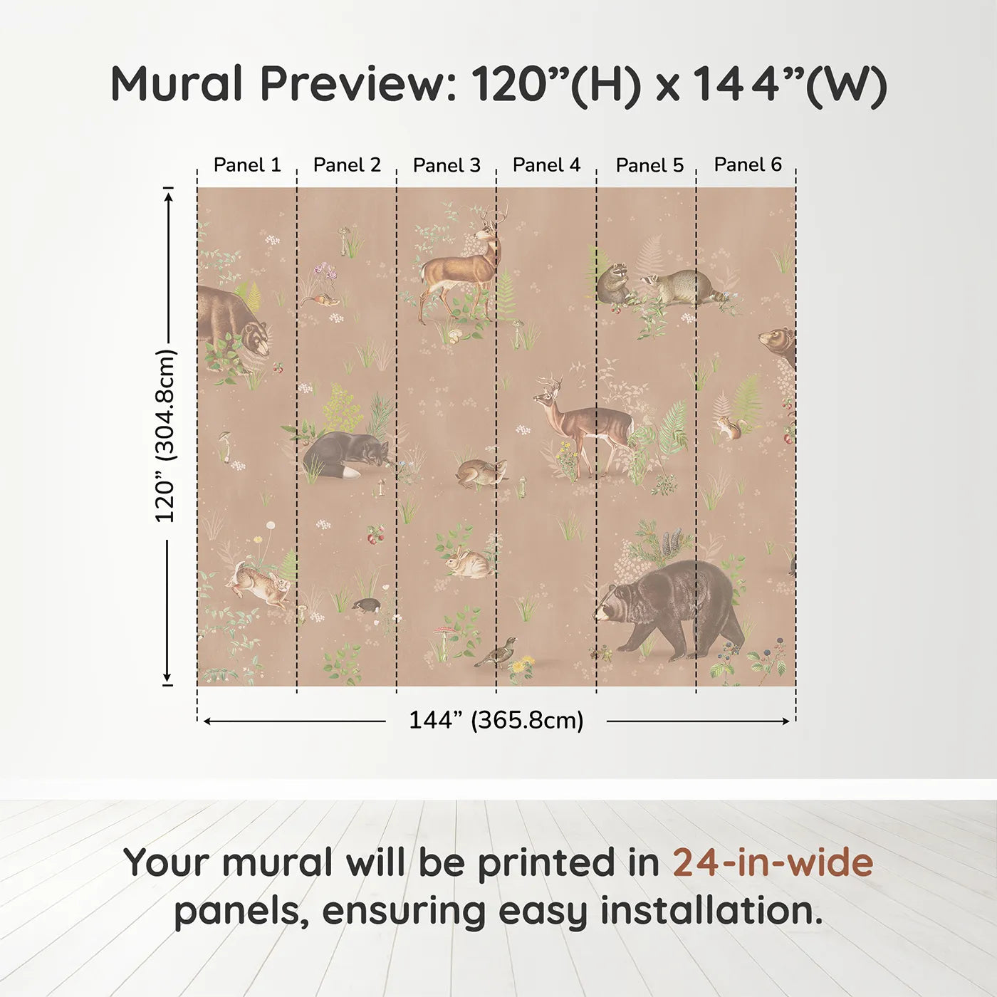 Whimsy Tots Classic Woodland Friends Wall Muraldimension view (120" H x 144" W). Printed in six 24-inch-wide panels. Gender-Neutral