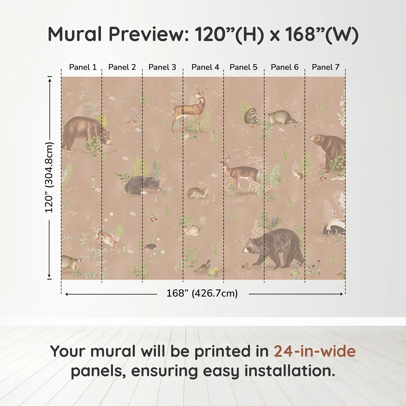 Whimsy Tots Classic Woodland Friends Wall Muraldimension view (120" H x 168" W). Printed in seven 24-inch-wide panels. Gender-Neutral