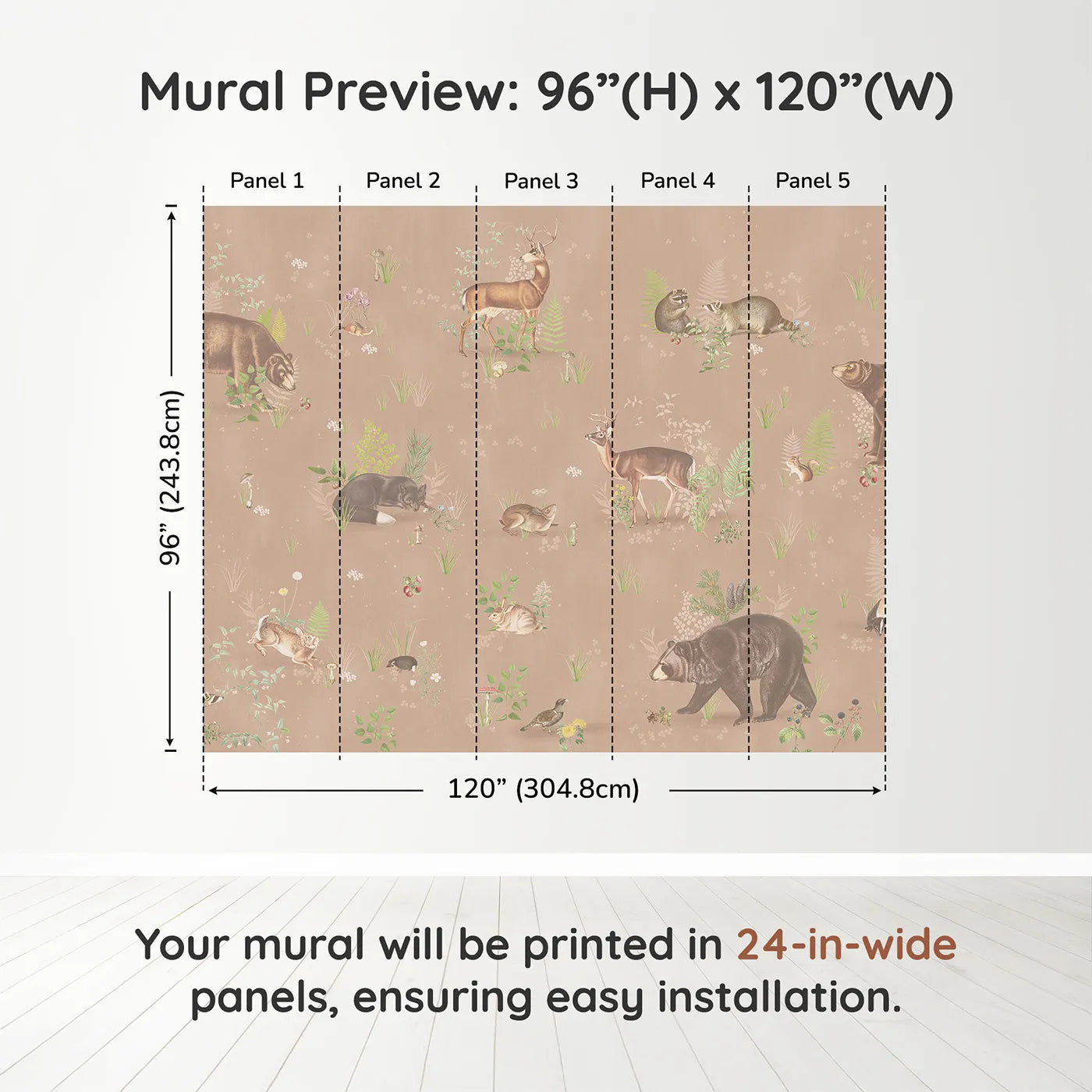 Whimsy Tots Classic Woodland Friends Wall Muraldimension view (96" H x 120" W). Printed in five 24-inch-wide panels. Gender-Neutral