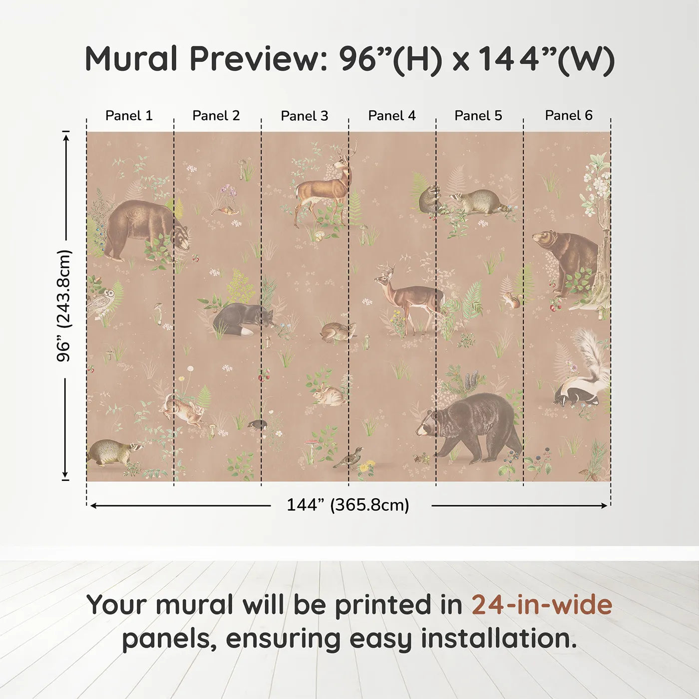 Whimsy Tots Classic Woodland Friends Wall Muraldimension view (96" H x 144" W). Printed in six 24-inch-wide panels. Gender-Neutral