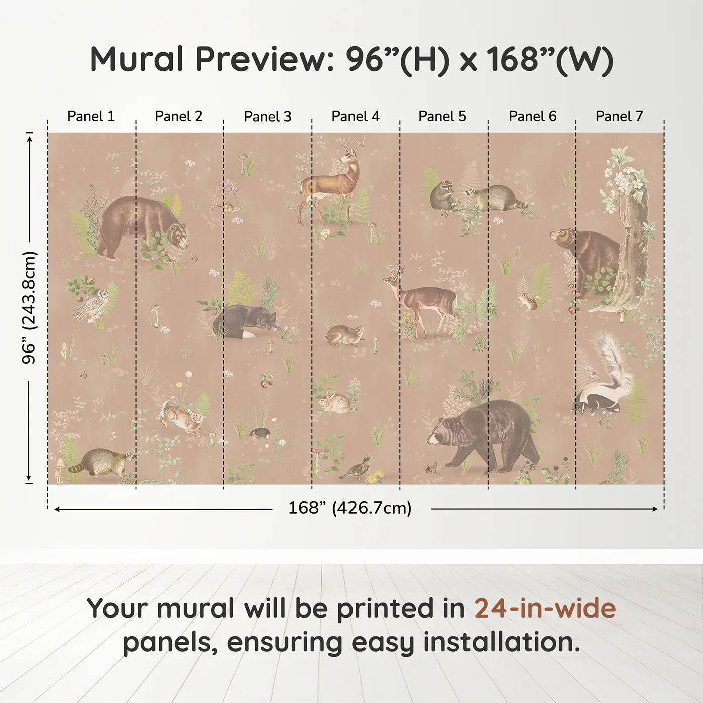 Whimsy Tots Classic Woodland Friends Wall Muraldimension view (96" H x 168" W). Printed in seven 24-inch-wide panels. Gender-Neutral