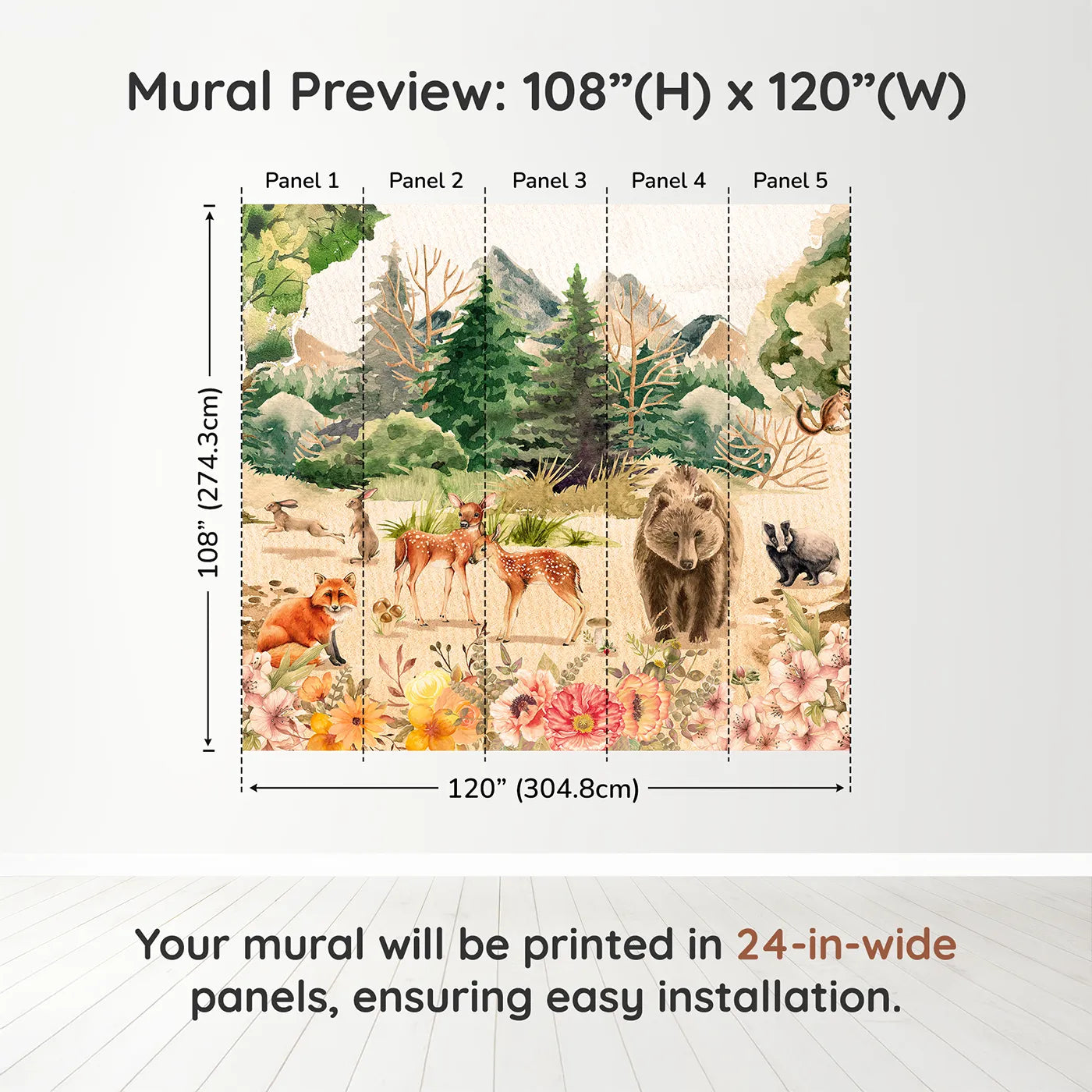 Whimsy Tots Watercolor Woodland Meadow Wall Muraldimension view (108" H x 120" W). Printed in five 24-inch-wide panels. Gender-Neutral