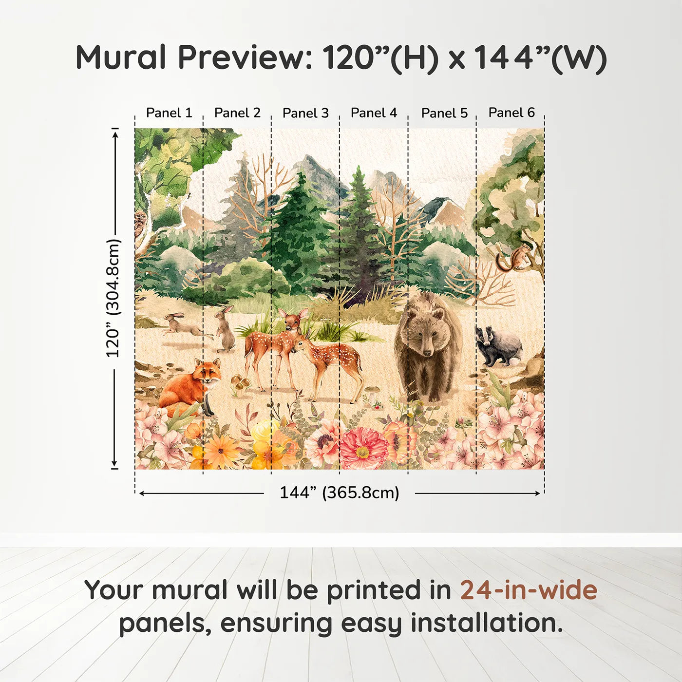 Whimsy Tots Watercolor Woodland Meadow Wall Muraldimension view (120" H x 144" W). Printed in six 24-inch-wide panels. Gender-Neutral