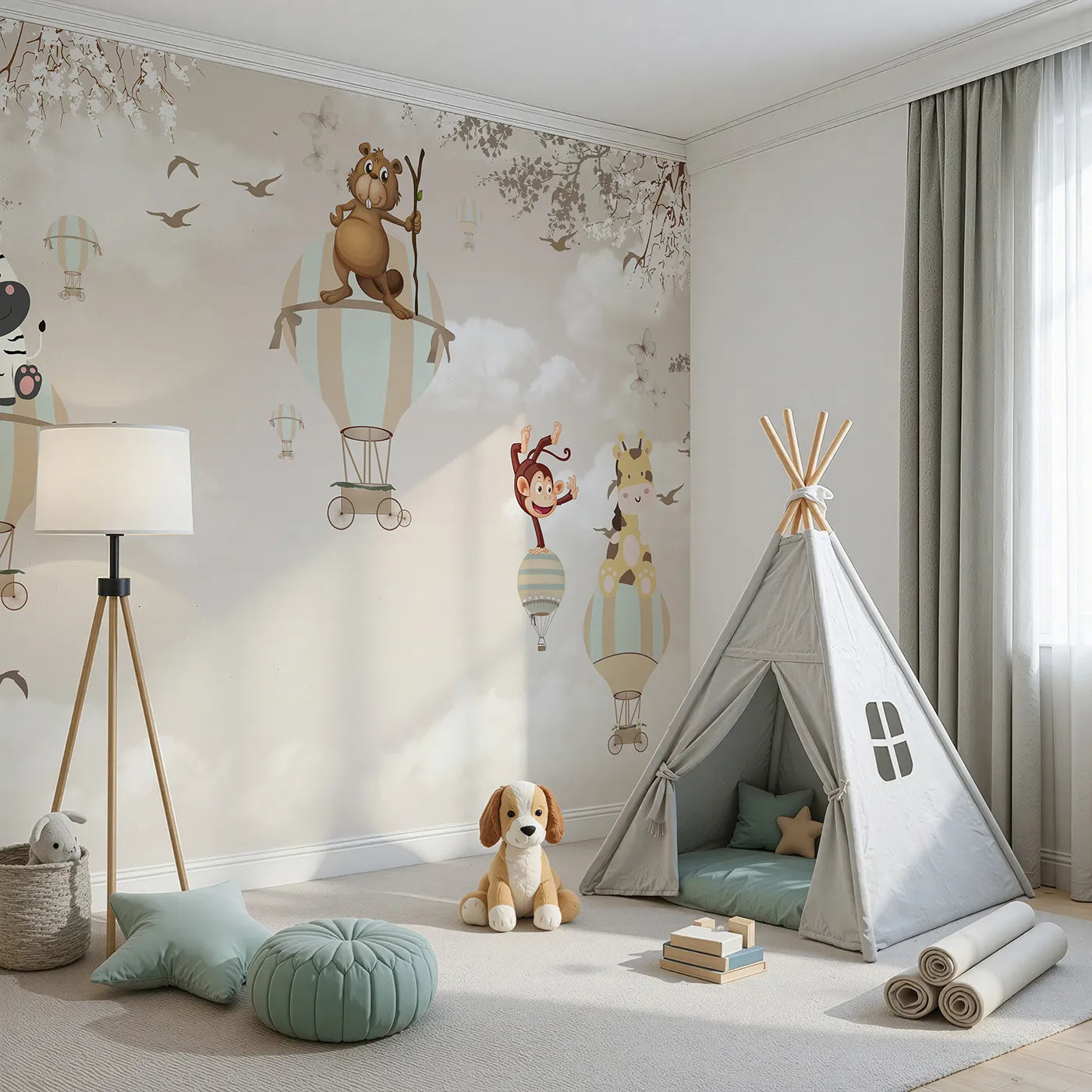Angled view of Whimsy Tots' Safari Balloon Brigade Wall Mural (Turn Their Room into a Whimsical, High-Flying Parade).Gender-Neutral
