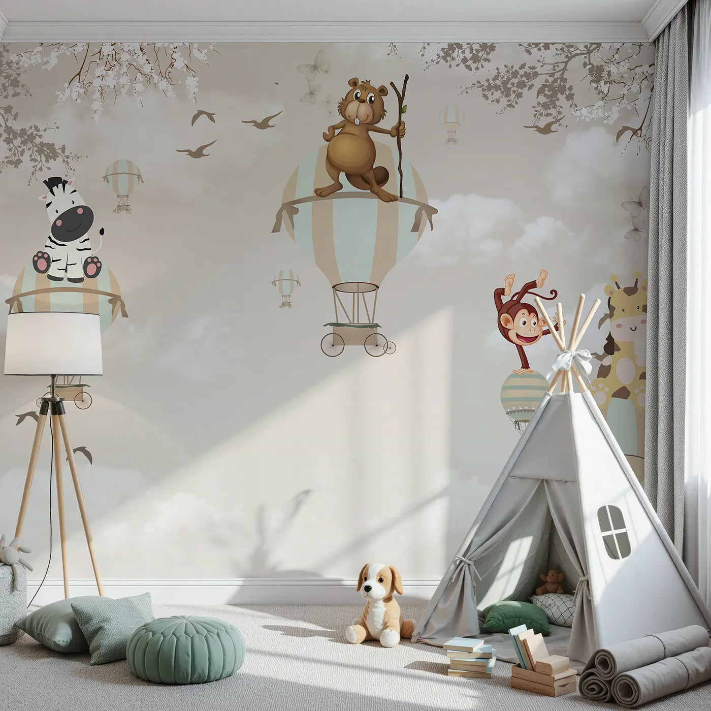 Front view of Whimsy Tots' Safari Balloon Brigade Wall Mural