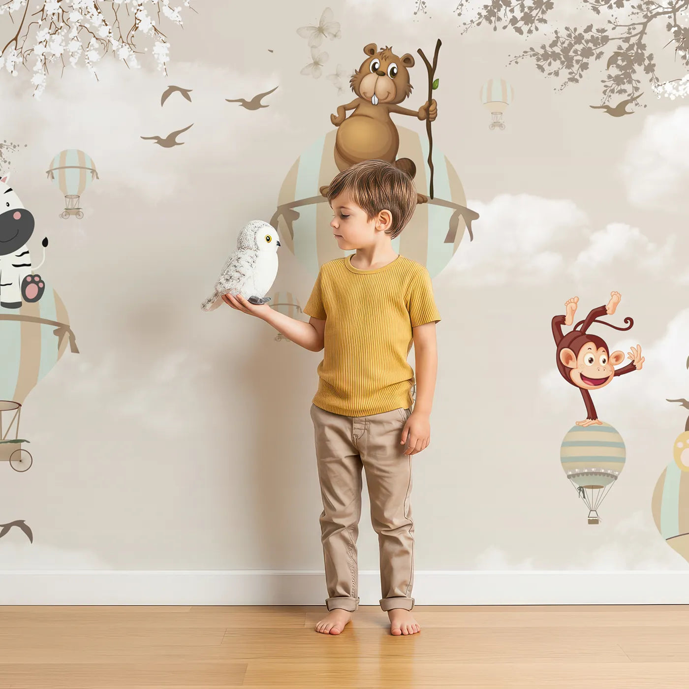 Child in front of Whimsy Tots Safari Balloon Brigade Wall Mural with animal, safari, balloon, cute, vintage, sky, blossom, whimsical in design.
