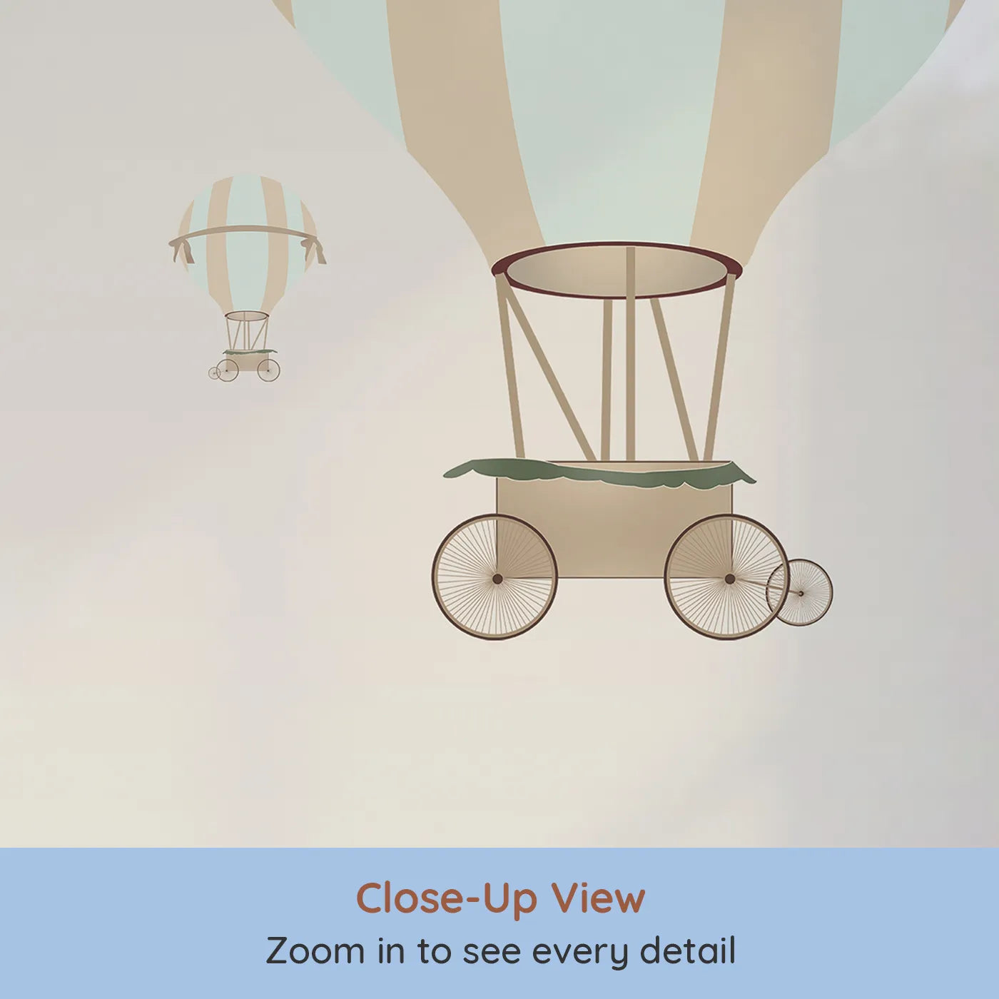 Close-up view of Whimsy Tots' Safari Balloon Brigade Wall Mural (Turn Their Room into a Whimsical, High-Flying Parade).Gender-Neutral