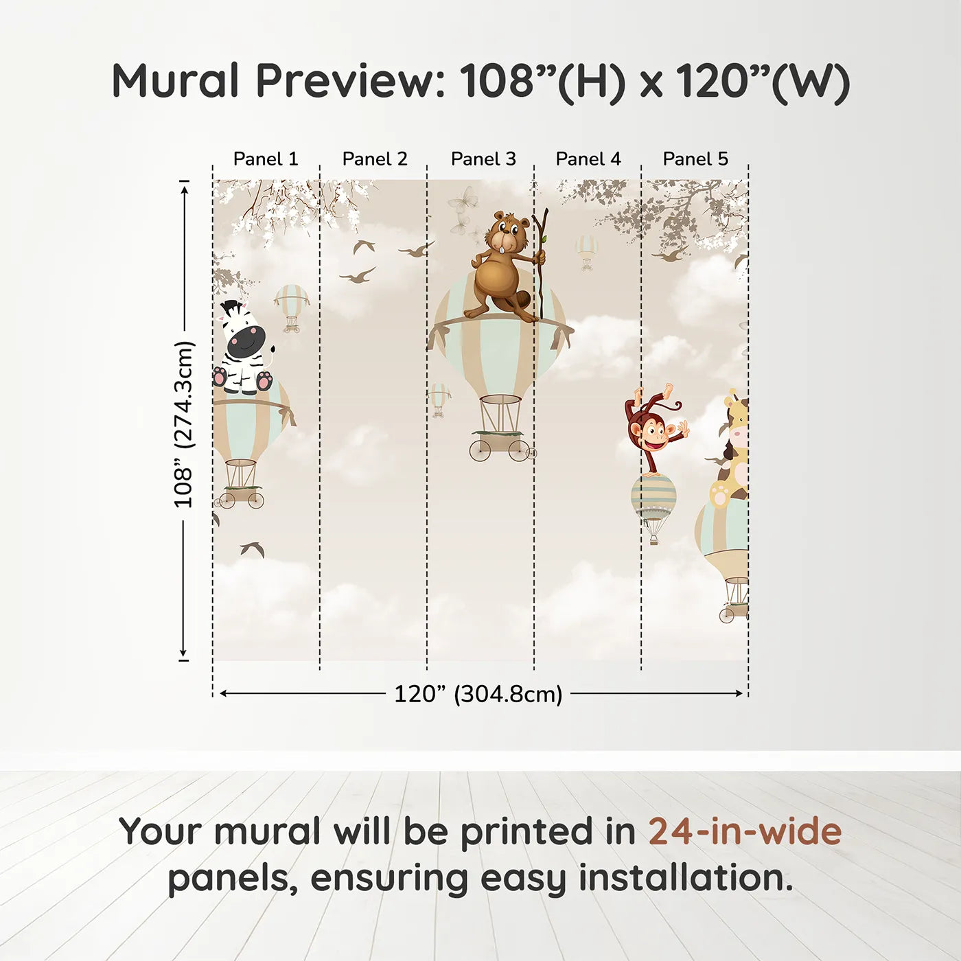 Whimsy Tots Safari Balloon Brigade Wall Muraldimension view (108" H x 120" W). Printed in five 24-inch-wide panels. Gender-Neutral