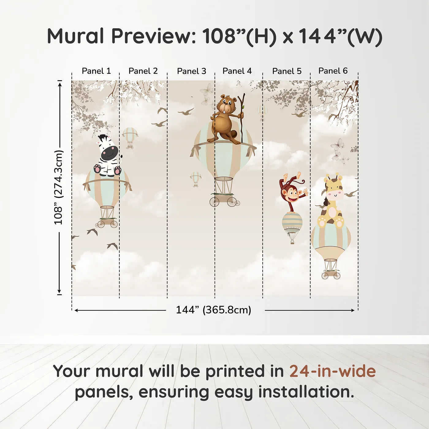 Whimsy Tots Safari Balloon Brigade Wall Muraldimension view (108" H x 144" W). Printed in six 24-inch-wide panels. Gender-Neutral