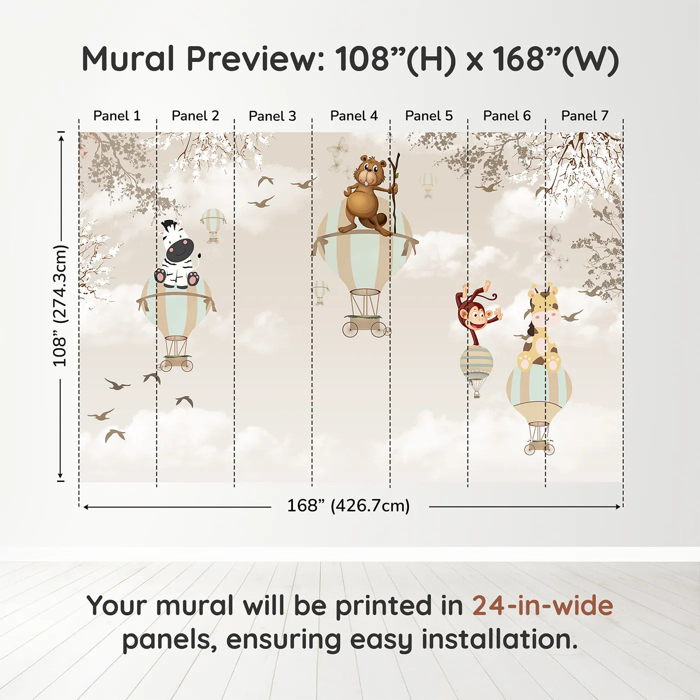 Whimsy Tots Safari Balloon Brigade Wall Muraldimension view (108" H x 168" W). Printed in seven 24-inch-wide panels. Gender-Neutral