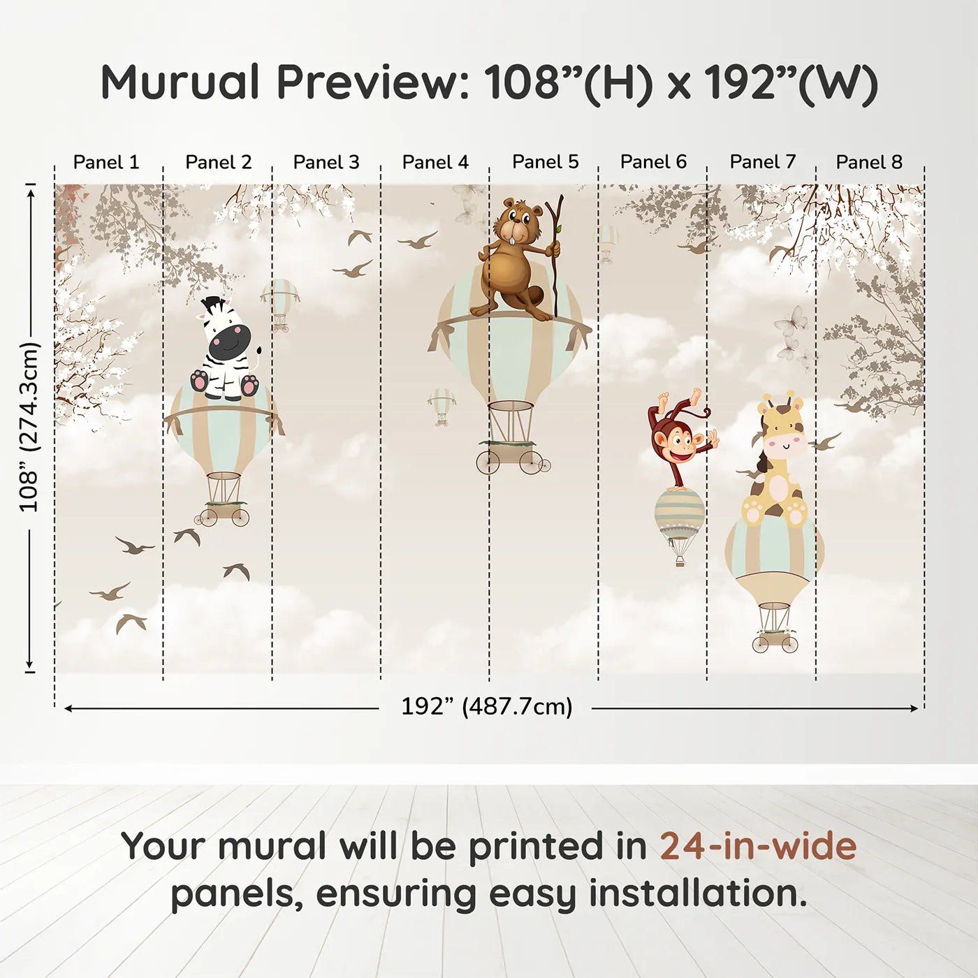 Whimsy Tots Safari Balloon Brigade Wall Muraldimension view (108" H x 192" W). Printed in eight 24-inch-wide panels. Gender-Neutral