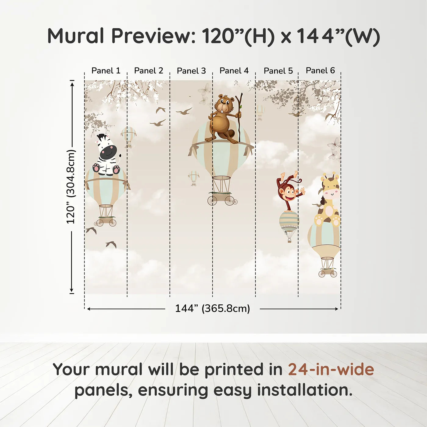 Whimsy Tots Safari Balloon Brigade Wall Muraldimension view (120" H x 144" W). Printed in six 24-inch-wide panels. Gender-Neutral