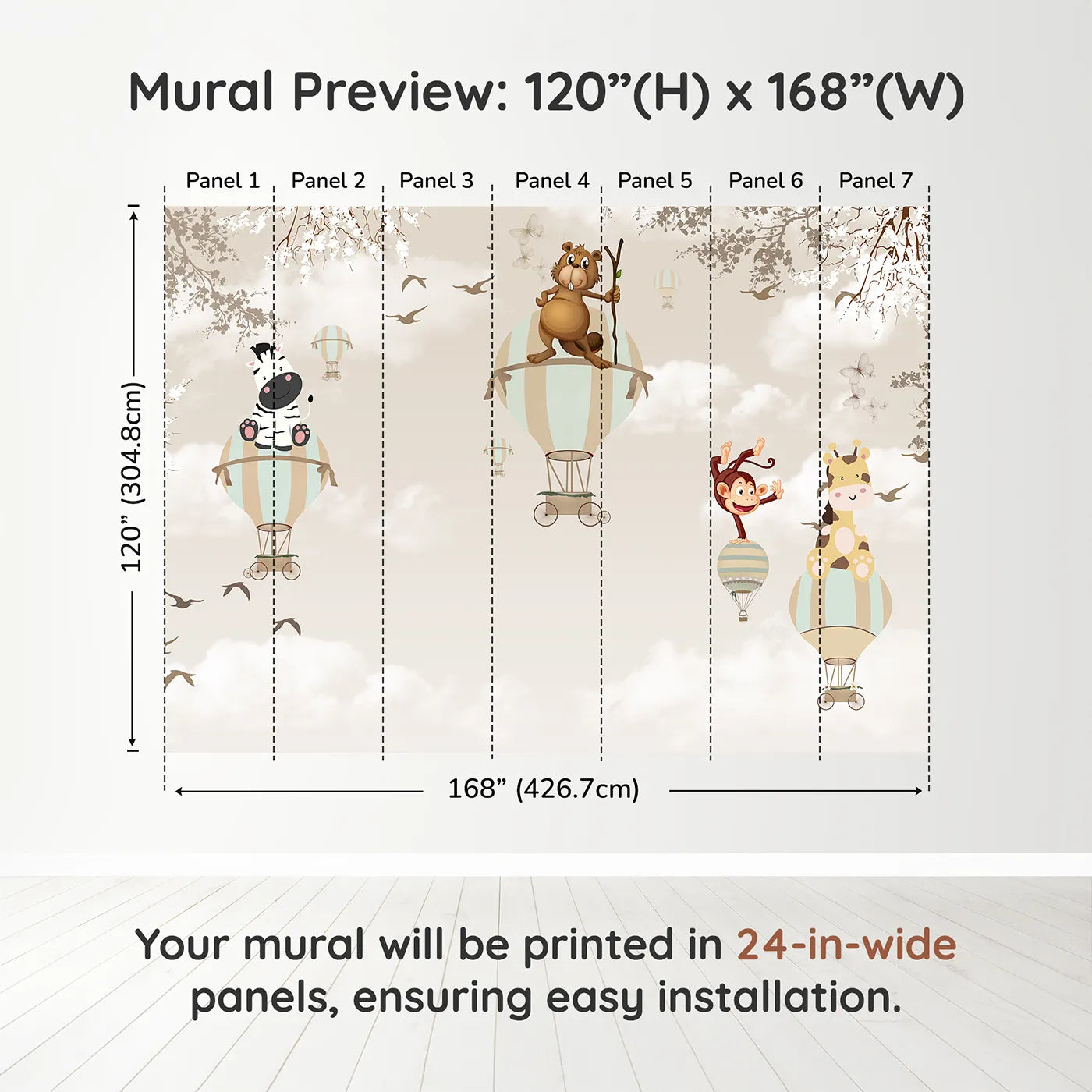 Whimsy Tots Safari Balloon Brigade Wall Muraldimension view (120" H x 168" W). Printed in seven 24-inch-wide panels. Gender-Neutral