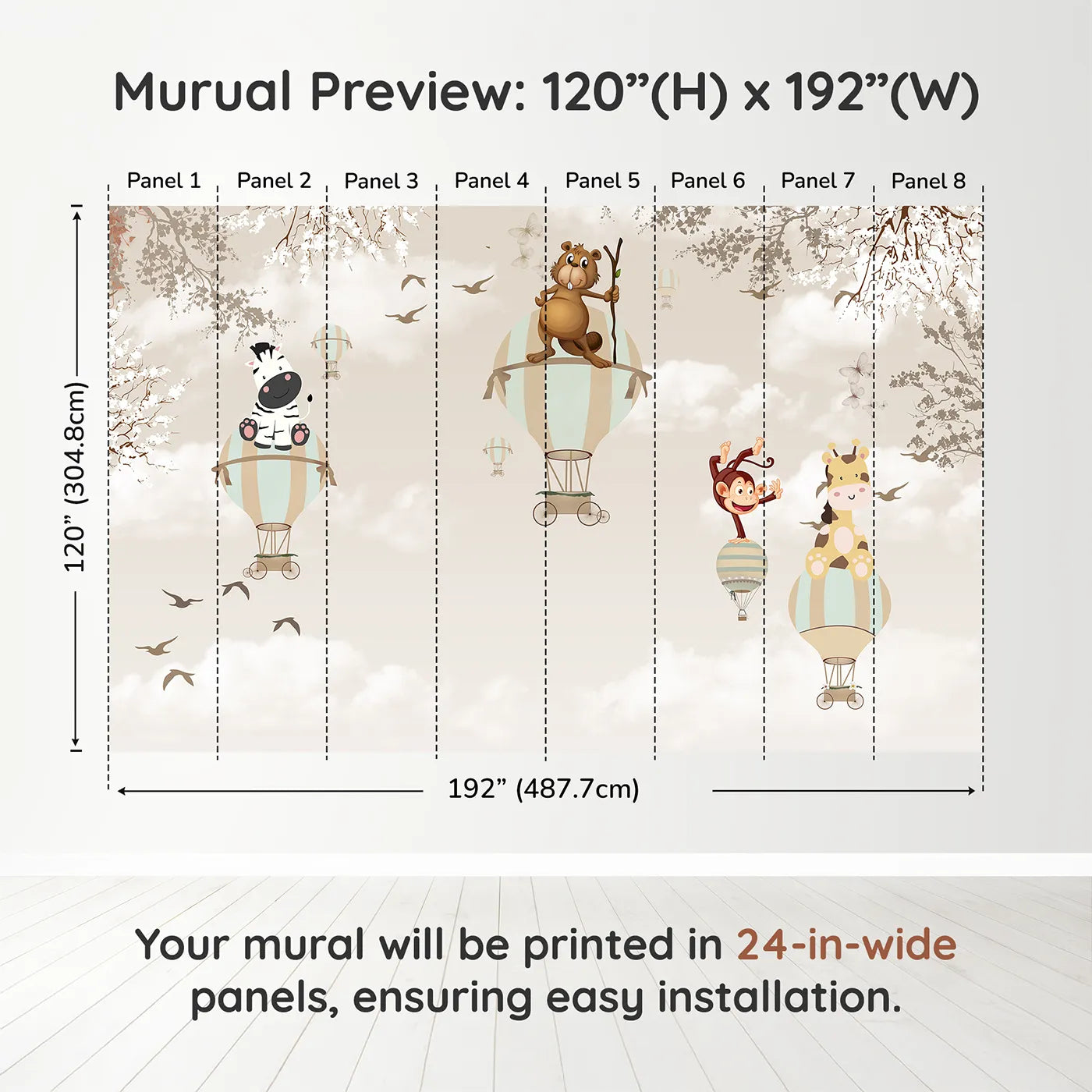 Whimsy Tots Safari Balloon Brigade Wall Muraldimension view (120" H x 192" W). Printed in eight 24-inch-wide panels. Gender-Neutral