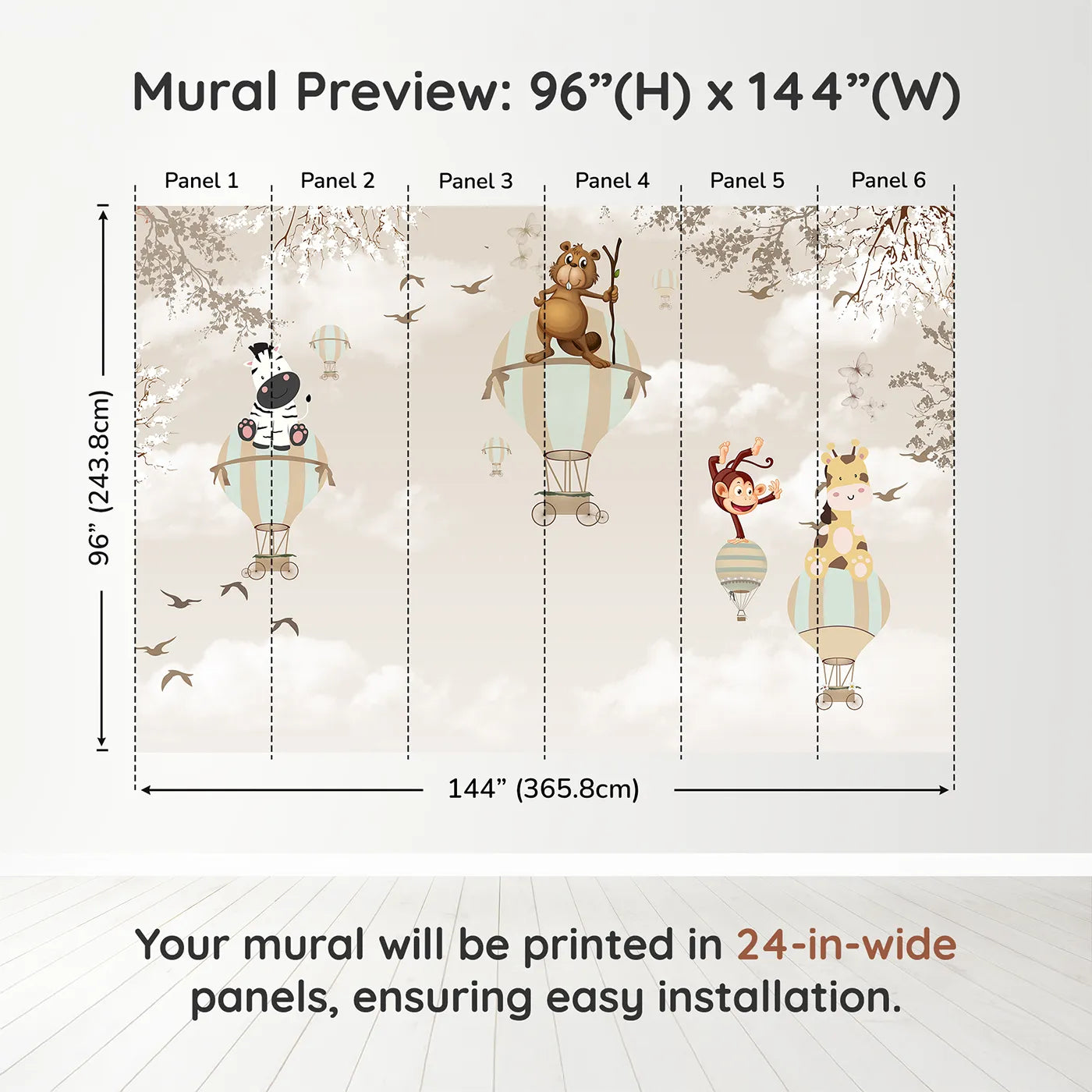 Whimsy Tots Safari Balloon Brigade Wall Muraldimension view (96" H x 144" W). Printed in six 24-inch-wide panels. Gender-Neutral